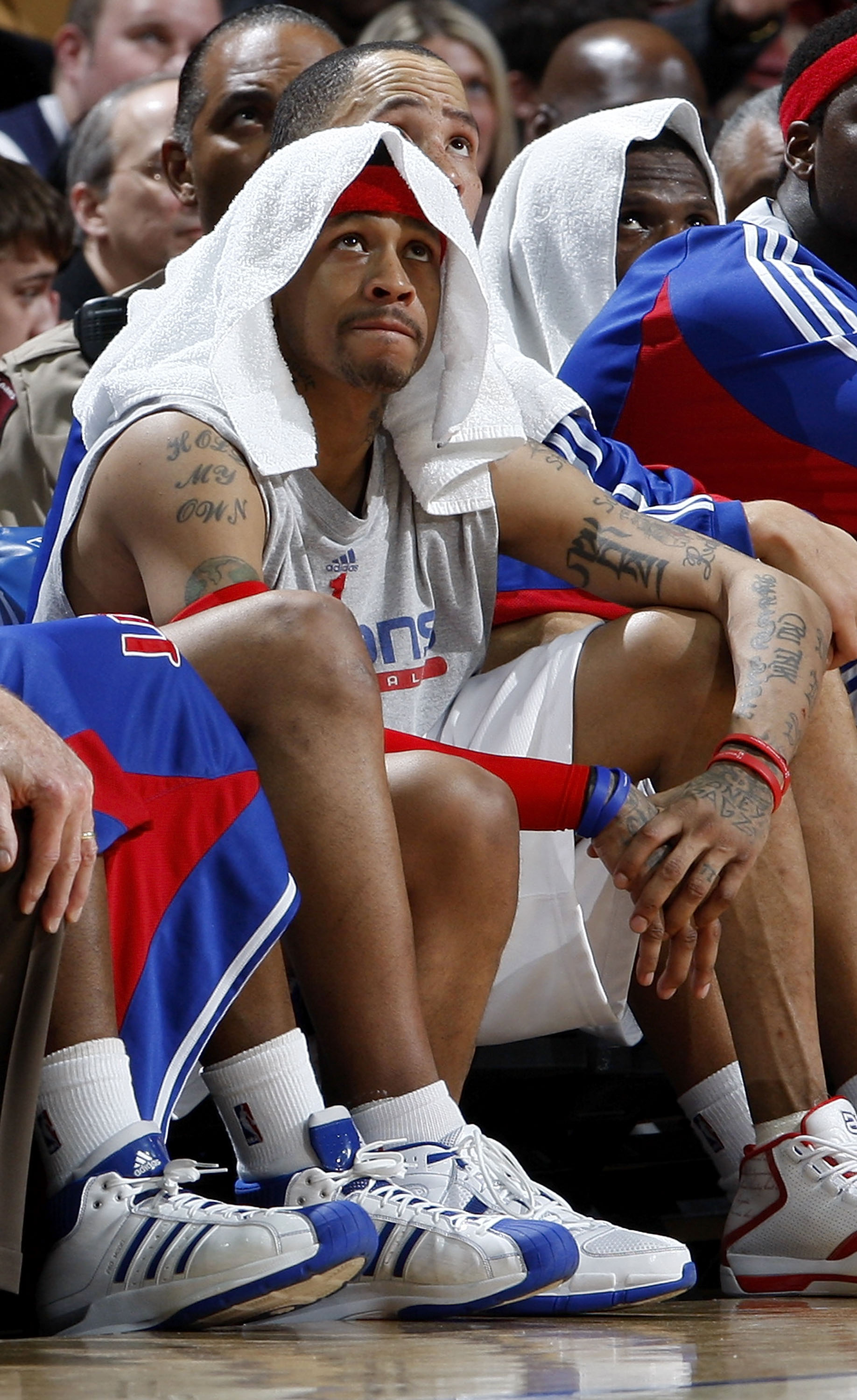 CLEVELAND - FEBRUARY 22: Allen Iverson #1 of the Detroit Pistons looks on from the bench during a loss to the Cleveland Cavaliers on February 22, 2009 at the Quicken Loans Arena in Cleveland, Ohio. Cleveland won the game 99-78. NOTE TO USER: User expressl