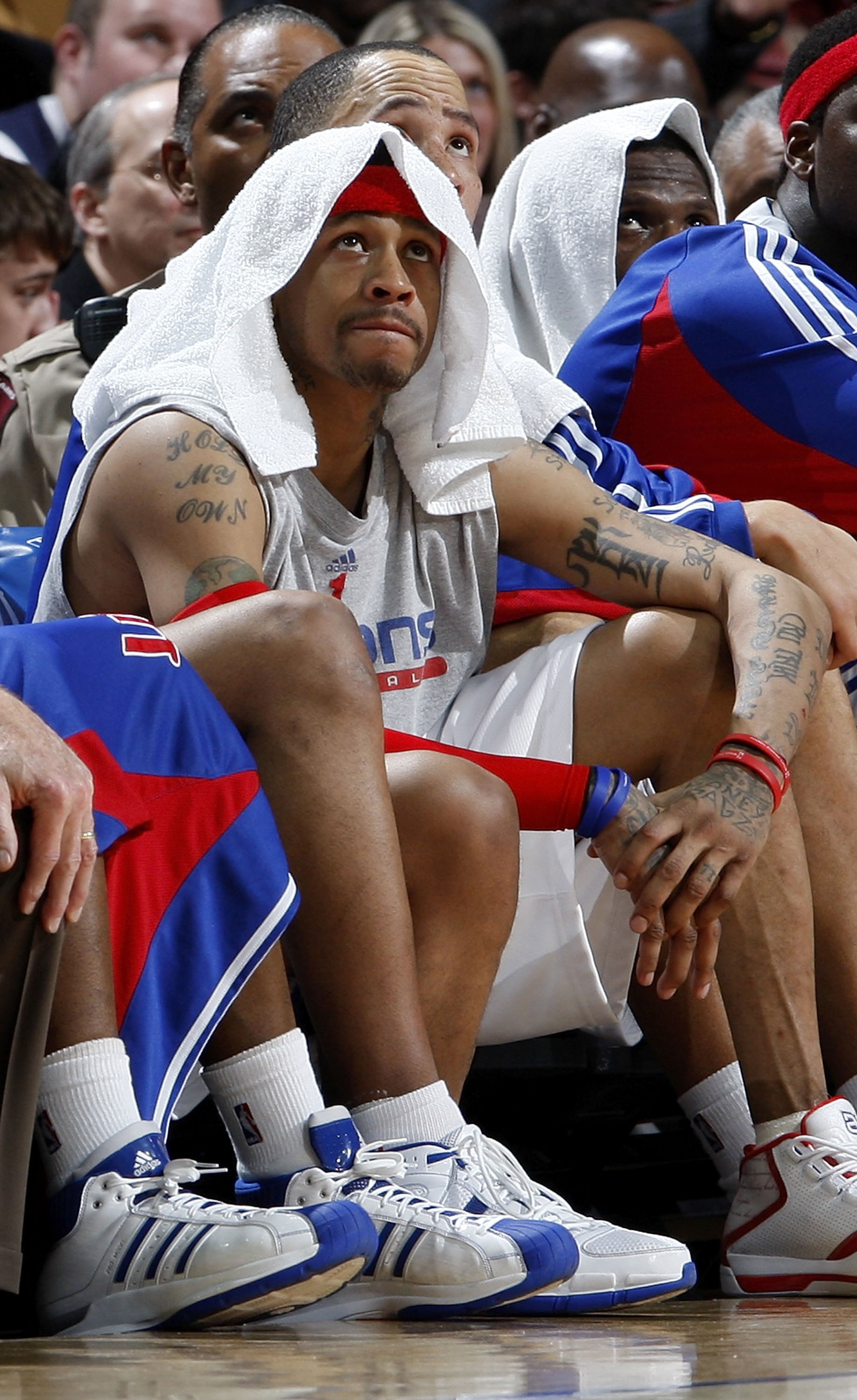 CLEVELAND - FEBRUARY 22: Allen Iverson #1 of the Detroit Pistons looks on from the bench during a loss to the Cleveland Cavaliers on February 22, 2009 at the Quicken Loans Arena in Cleveland, Ohio. Cleveland won the game 99-78. NOTE TO USER: User expressl
