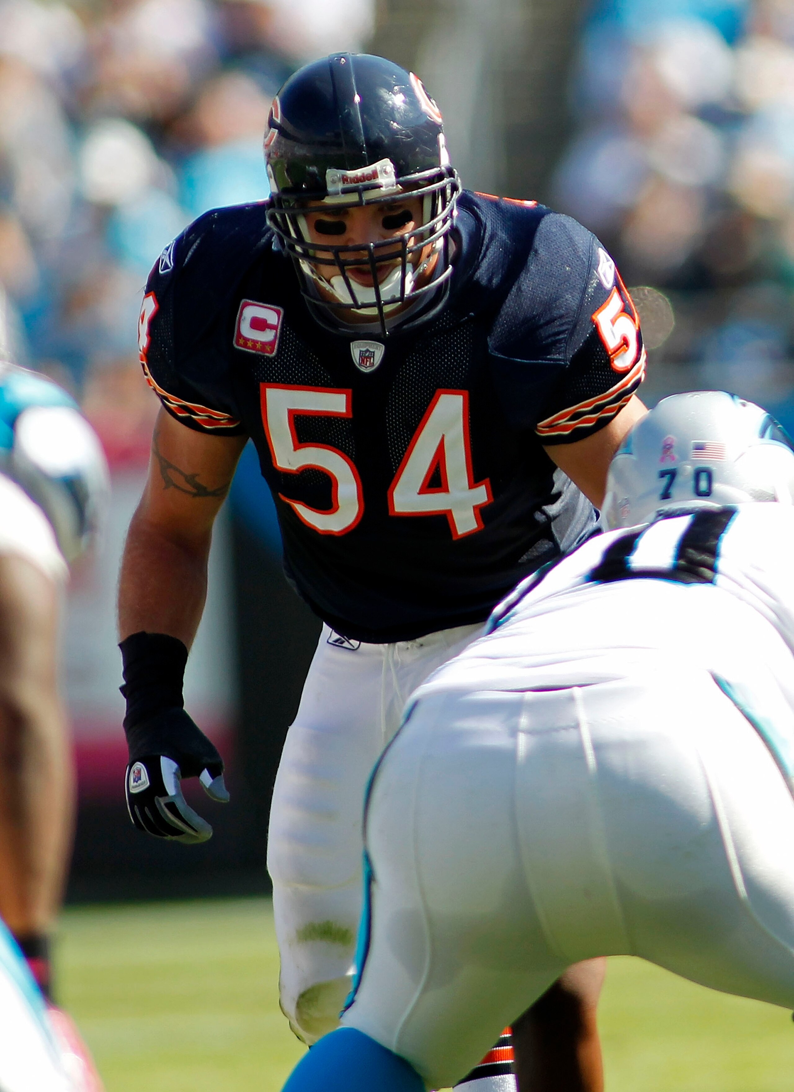 CHARLOTTE, NC - OCTOBER 10: Linebacker Brian Urlacher #54 of the Chicago Bears lines up against the Carolina Panthers at Bank of America Stadium on October 10, 2010 in Charlotte, North Carolina. (Photo by Geoff Burke/Getty Images)