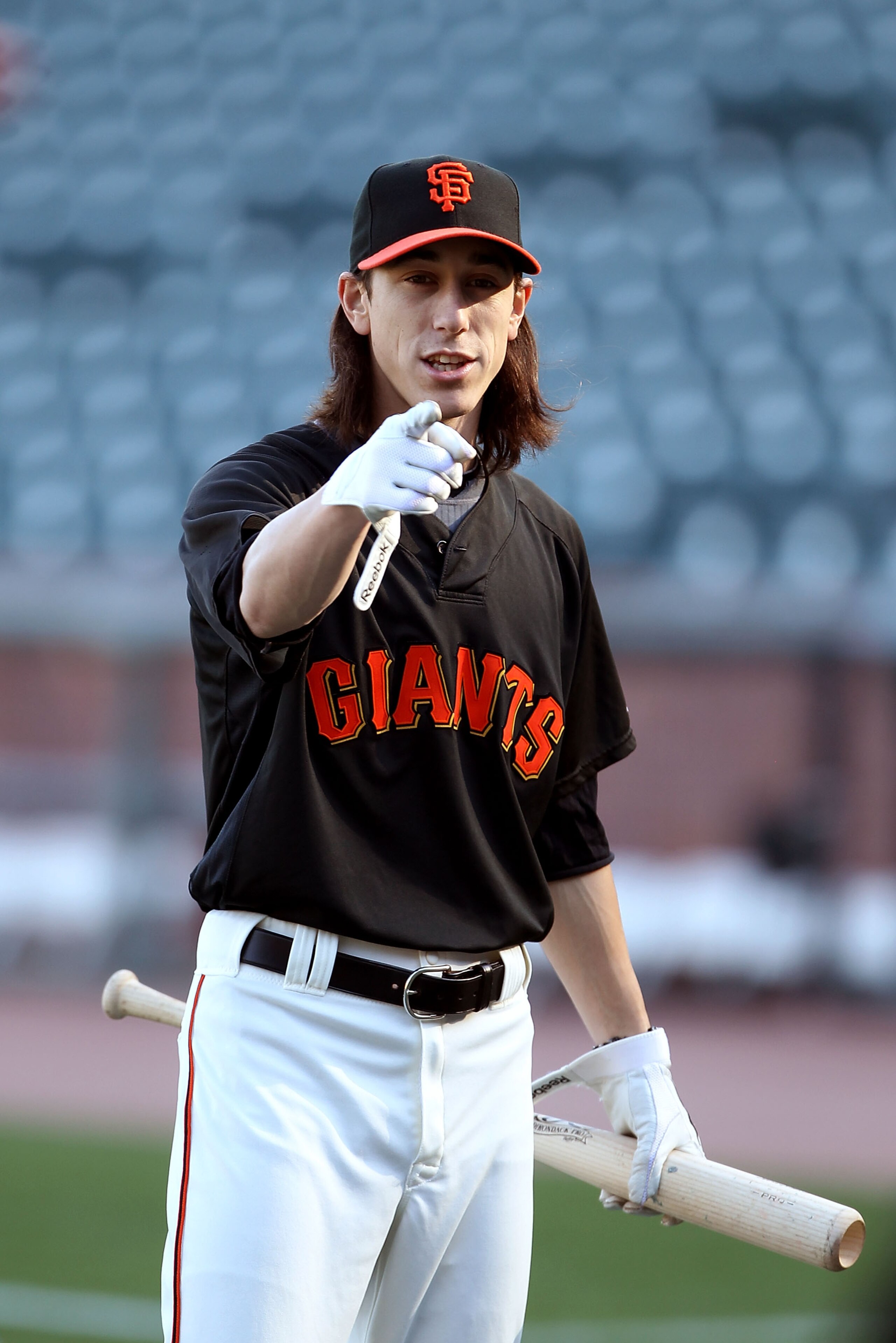 SAN FRANCISCO - OCTOBER 18:  Tim Lincecum #55 of the San Francisco Giants takes batting practice during a workout session for the NLCS at AT&T Park on October 18, 2010 in San Francisco, California.  (Photo by Ezra Shaw/Getty Images)