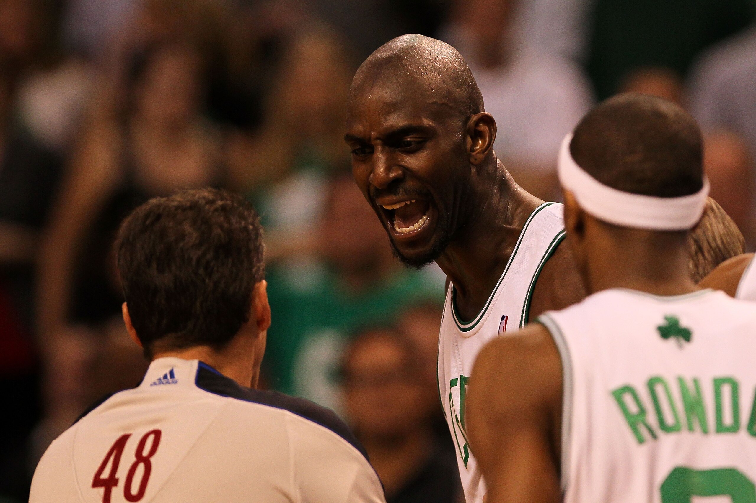 BOSTON - MAY 24: Kevin Garnett #5 of the Boston Celtics argues with referees Scott Foster #48 after Garnett was called for a technical foul in the third quarter against the Orlando Magic in Game Four of the Eastern Conference Finals during the 2010 NBA P BOSTON - MAY 24: Kevin Garnett #5 of the Boston Celtics argues with referees Scott Foster #48 after Garnett was called for a technical foul in the third quarter against the Orlando Magic in Game Four of the Eastern Conference Finals during the 2010 NBA P
