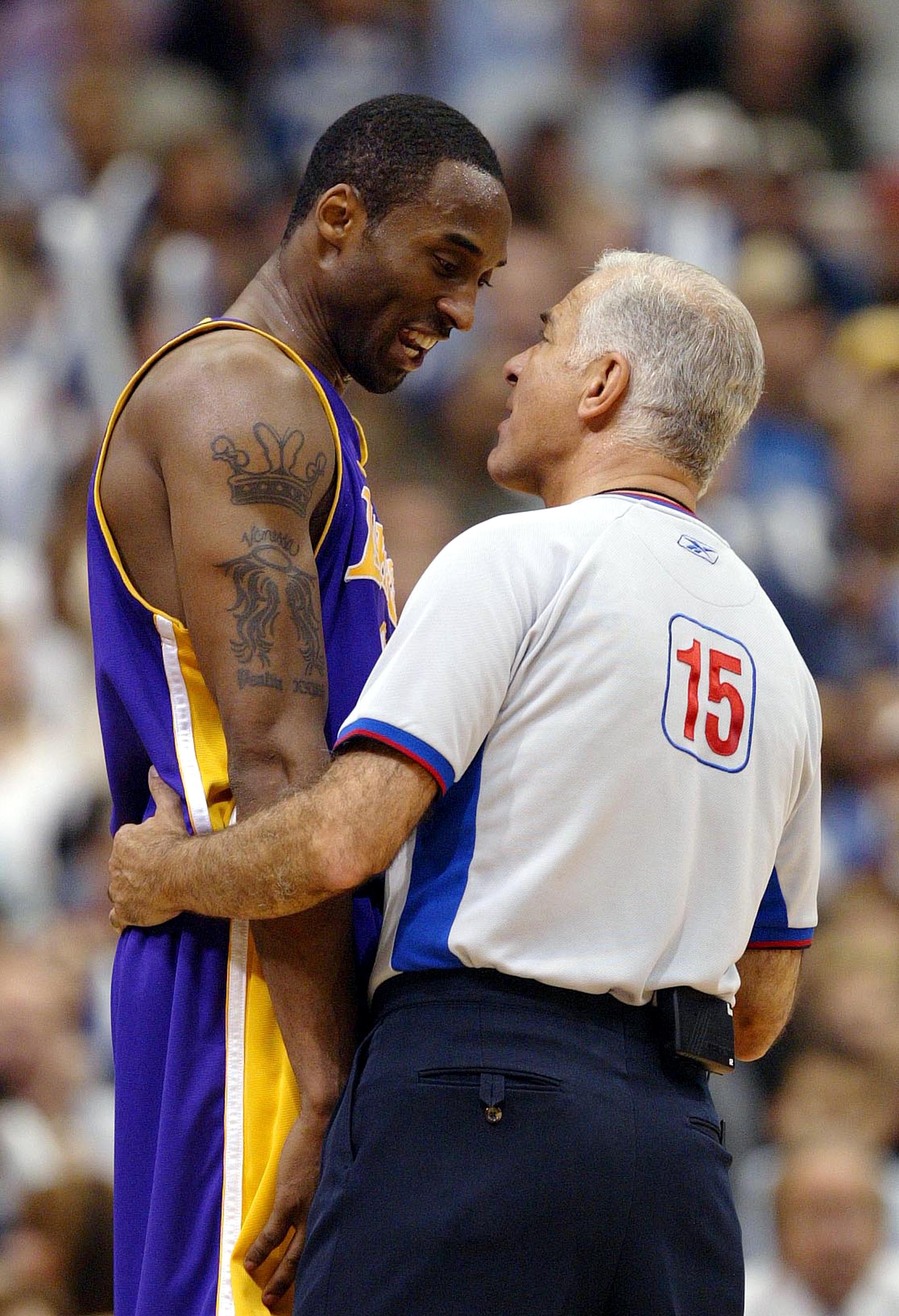MINNEAPOLIS - MAY 29:  Kobe Bryant #8 of the Los Angeles Lakers questions referee Bennett Salvatore after receiving a technical foul in Game 5 of the Western Conference Finals against the Minnesota Timberwolves during the 2004 NBA Playoffs on May 29, 2004