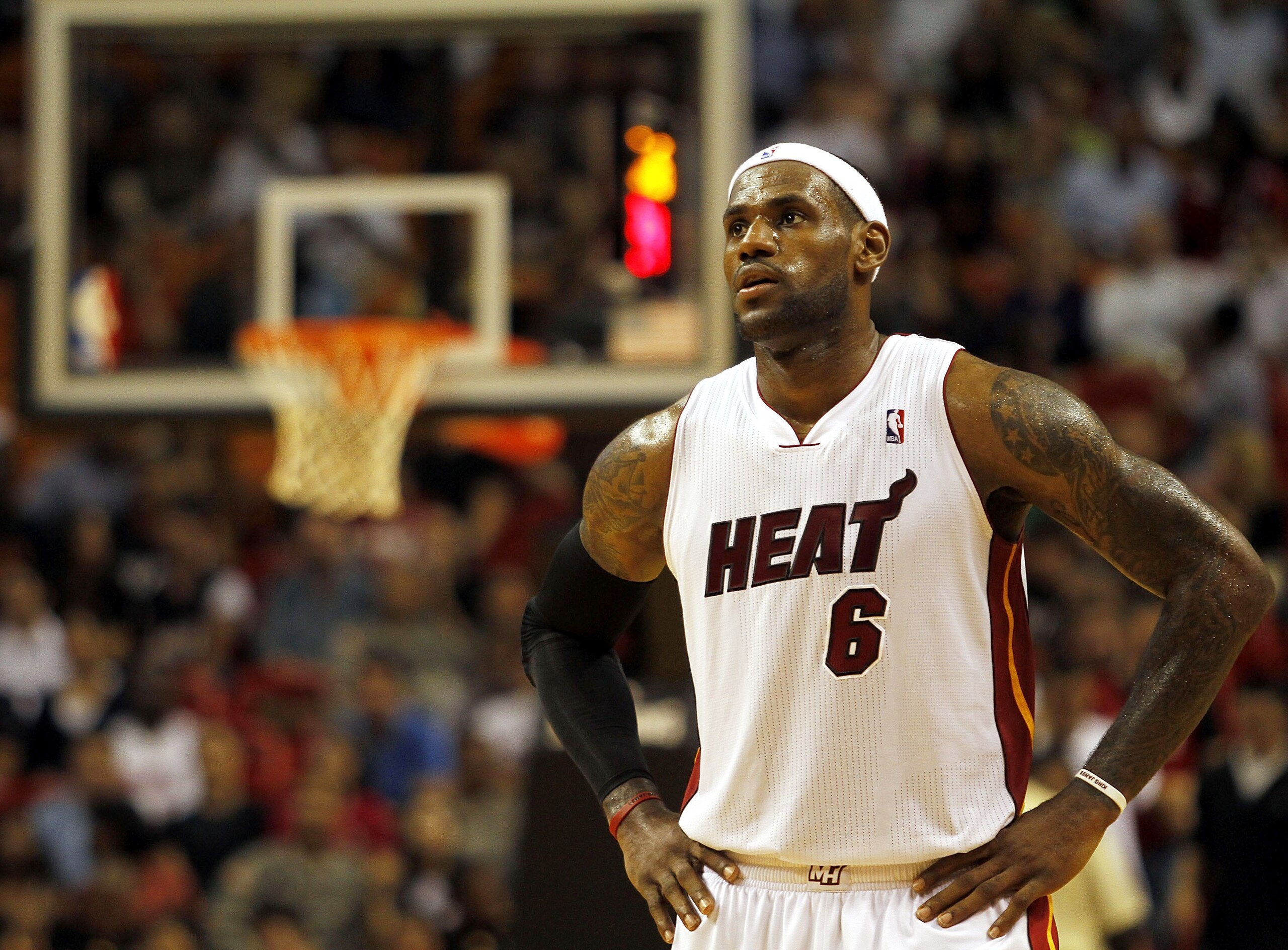 MIAMI - OCTOBER 12:  Forward LeBron James #6 on the court against CSKA Moscow on October 12, 2010 in Miami, Florida.  Miami heat won 96-85 over CSKA Moscow.  NOTE TO USER: User expressly acknowledges and agrees that, by downloading and or using this photo