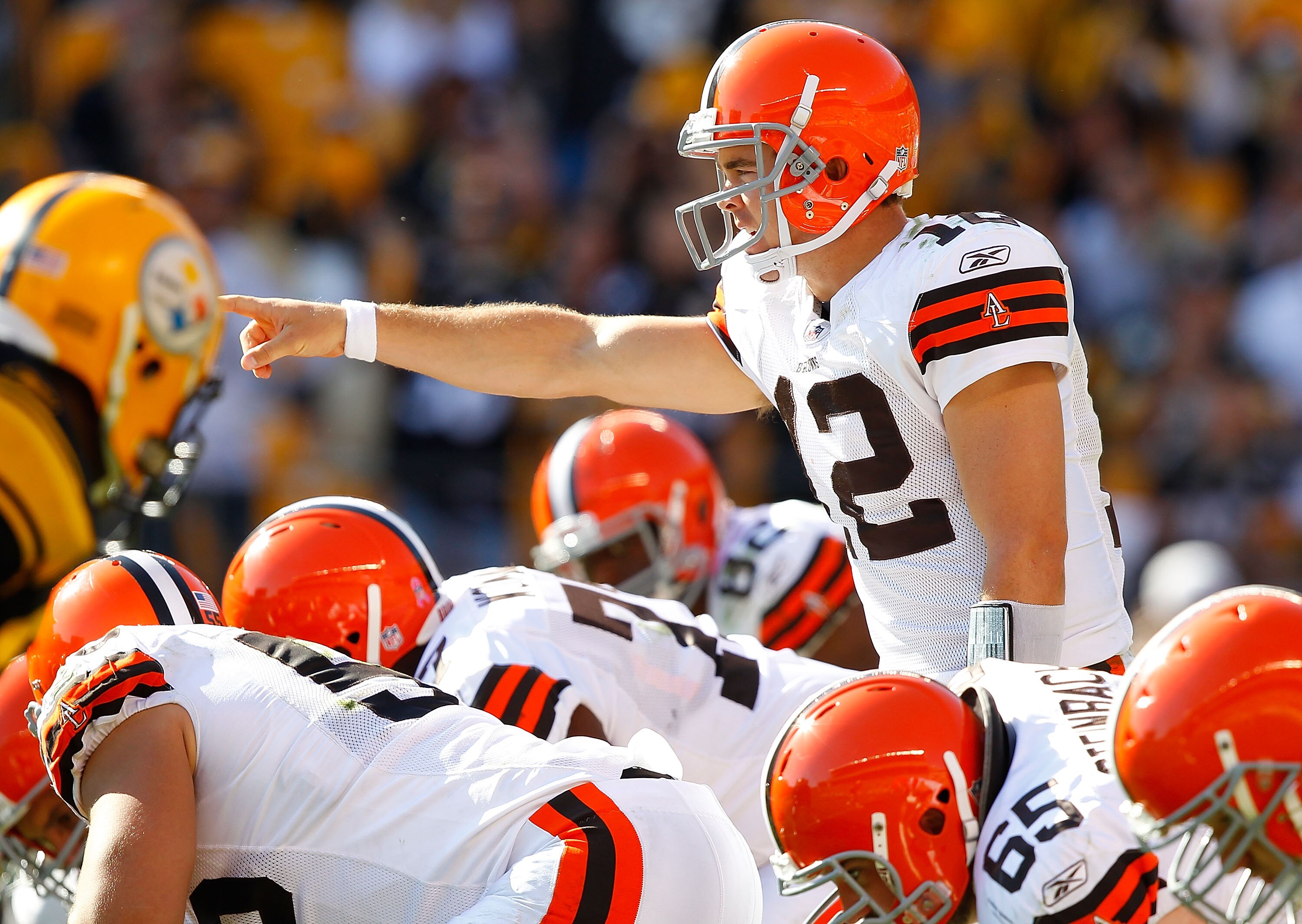 PITTSBURGH - OCTOBER 17:  Colt McCoy #12 of the Cleveland Browns calls out signals during the game against  the Pittsburgh Steelers on October 17, 2010 at Heinz Field in Pittsburgh, Pennsylvania.  (Photo by Jared Wickerham/Getty Images)