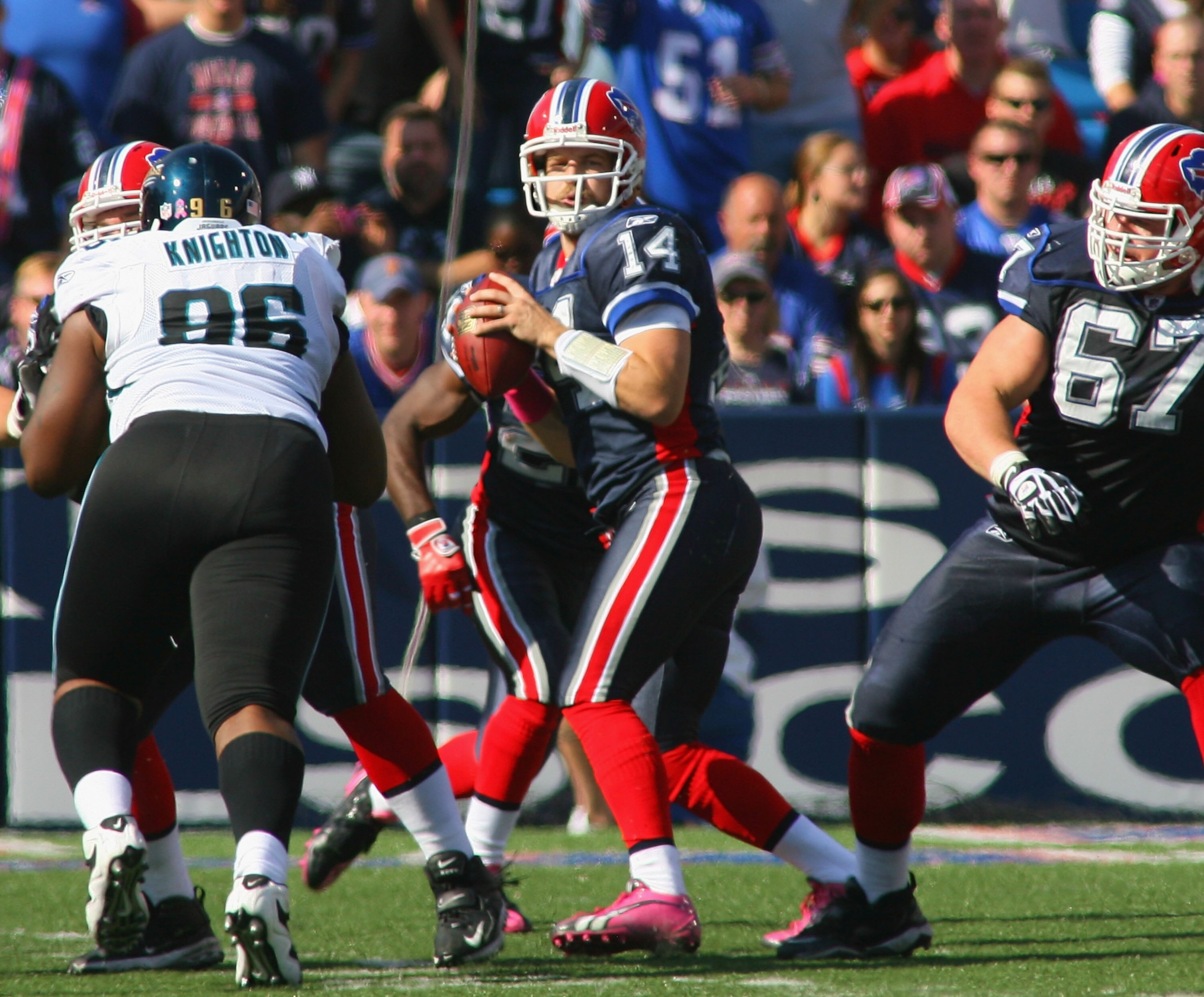 ORCHARD PARK, NY - OCTOBER 10: Ryan Fitzpatrick #14  of the Buffalo Bills readies to pass against the Jacksonville Jaguars at Ralph Wilson Stadium on October 10, 2010 in Orchard Park, New York. Jacksonville won 36-26. (Photo by Rick Stewart/Getty Images)