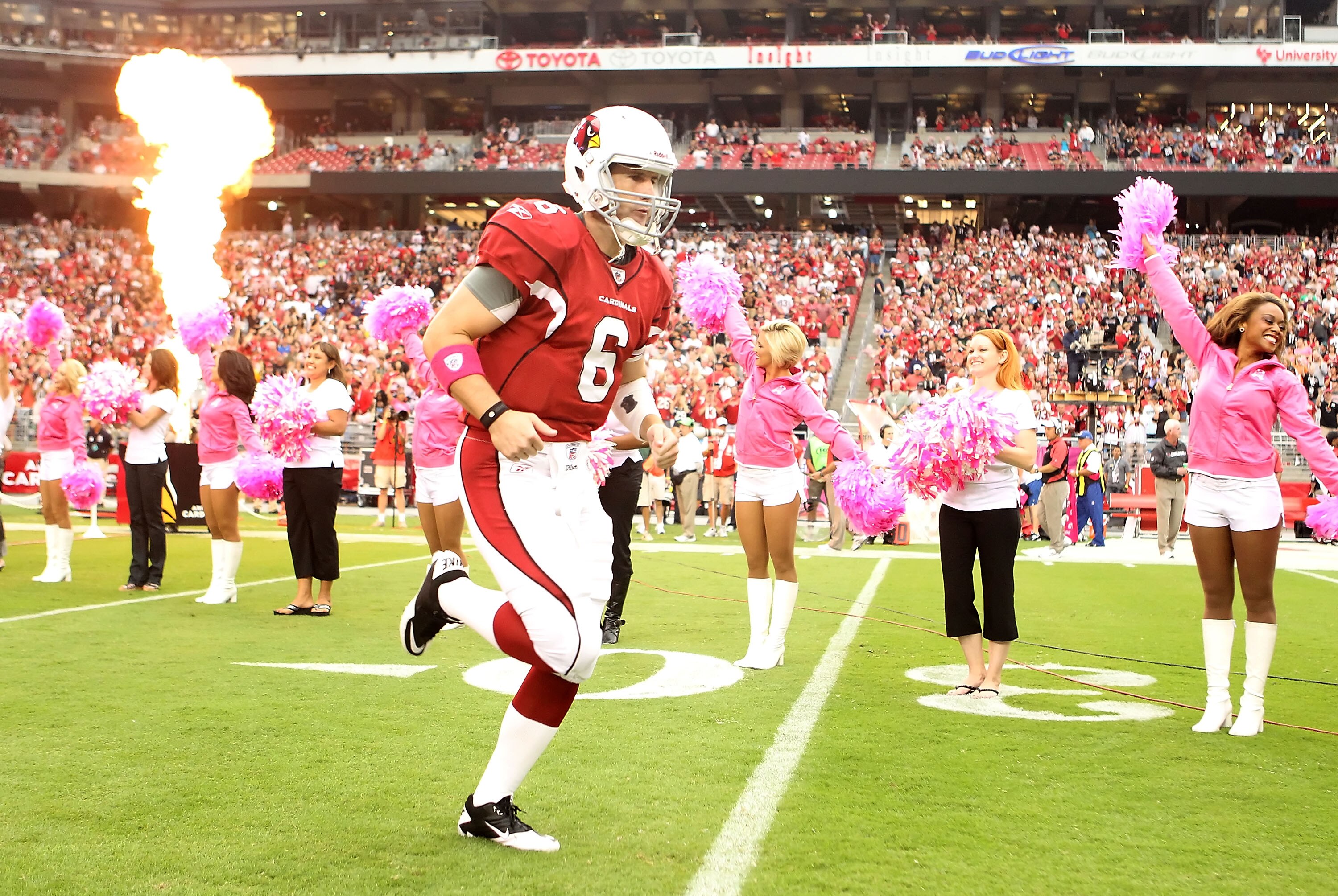 GLENDALE, AZ - OCTOBER 10:  Quarterback Max Hall #6 of the Arizona Cardinals runs out onto the field for introductions before the NFL game against the New Orleans Saints at the University of Phoenix Stadium on October 10, 2010 in Glendale, Arizona. The Ca