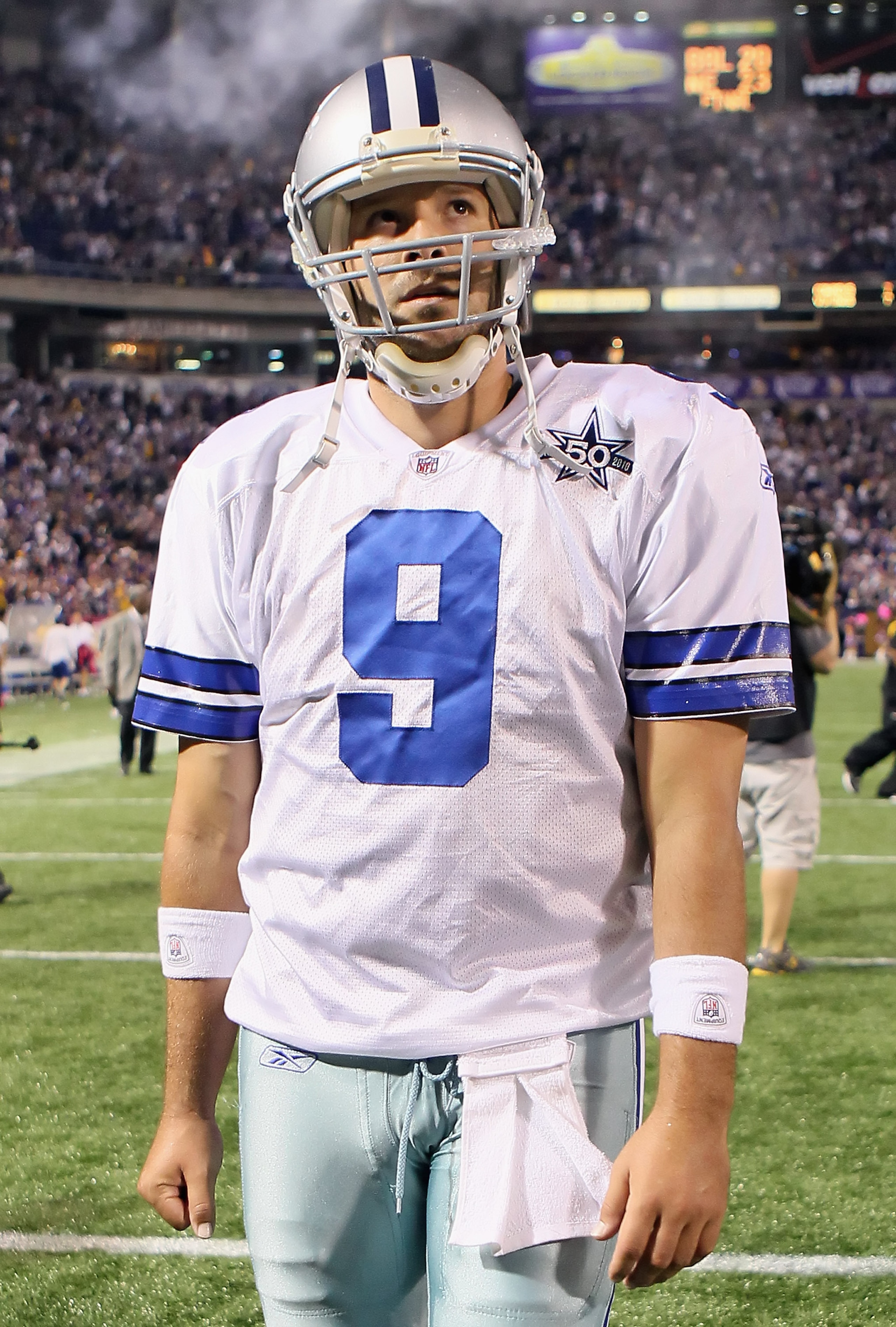 MINNEAPOLIS - OCTOBER 17:  Quarterback Tony Romo #9 of the Dallas Cowboys walks off the field following the game against the Minnesota Vikings at Mall of America Field on October 17, 2010 in Minneapolis, Minnesota. The Vikings defeated the Cowboys 24-21. 