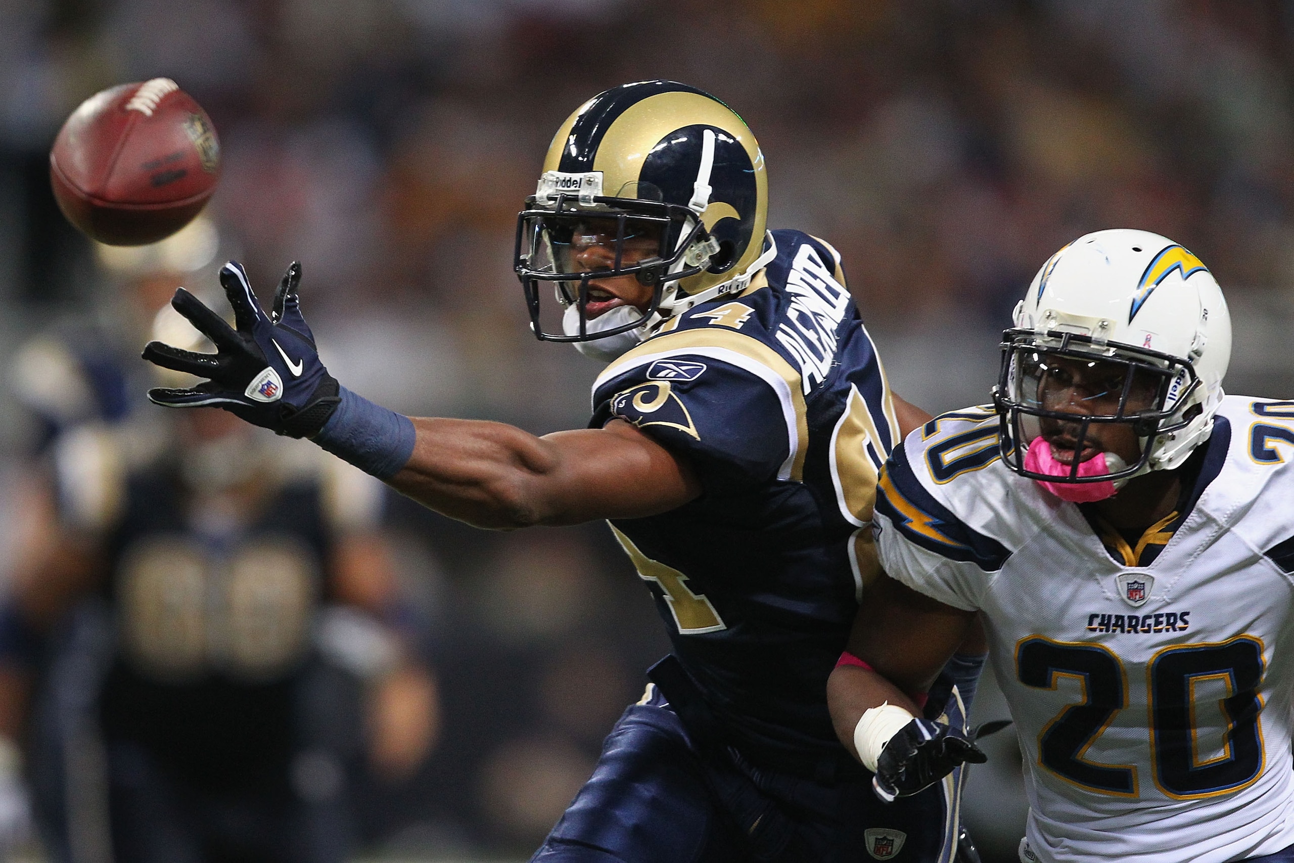 ST. LOUIS - OCTOBER 17: Danario Alexander #84 of the St. Louis Rams attempts to catch a pass against Antoine Cason #20 of the San Diego Chargers at the Edward Jones Dome on October 17, 2010 in St. Louis, Missouri.  The Rams beat the Chargers 20-17.  (Phot