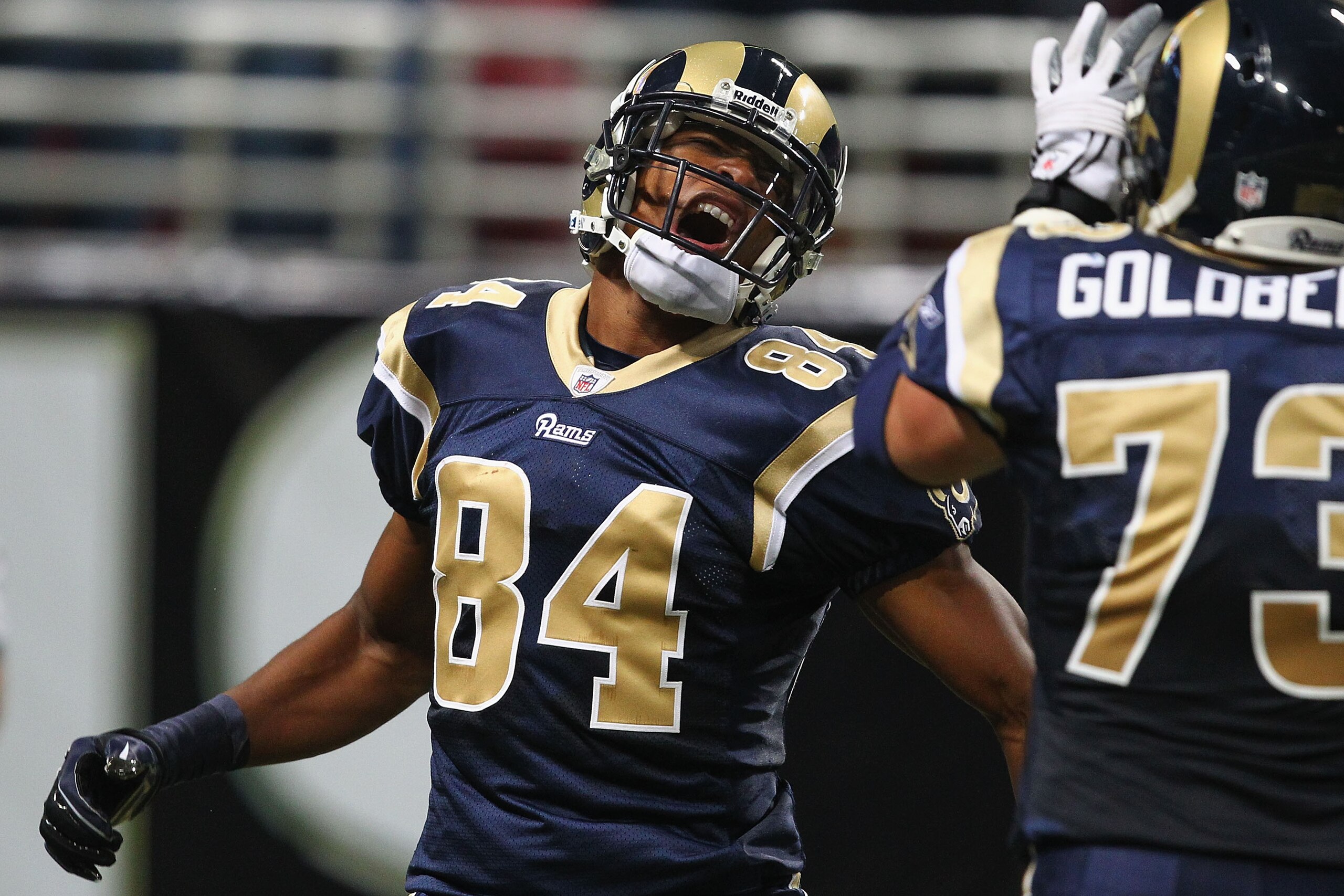 ST. LOUIS - OCTOBER 17: Danario Alexander #84 of the St. Louis Rams celebrates his first career touchdown against the San Diego Chargers at the Edward Jones Dome on October 17, 2010 in St. Louis, Missouri.  The Rams beat the Chargers 20-17.  (Photo by Dil