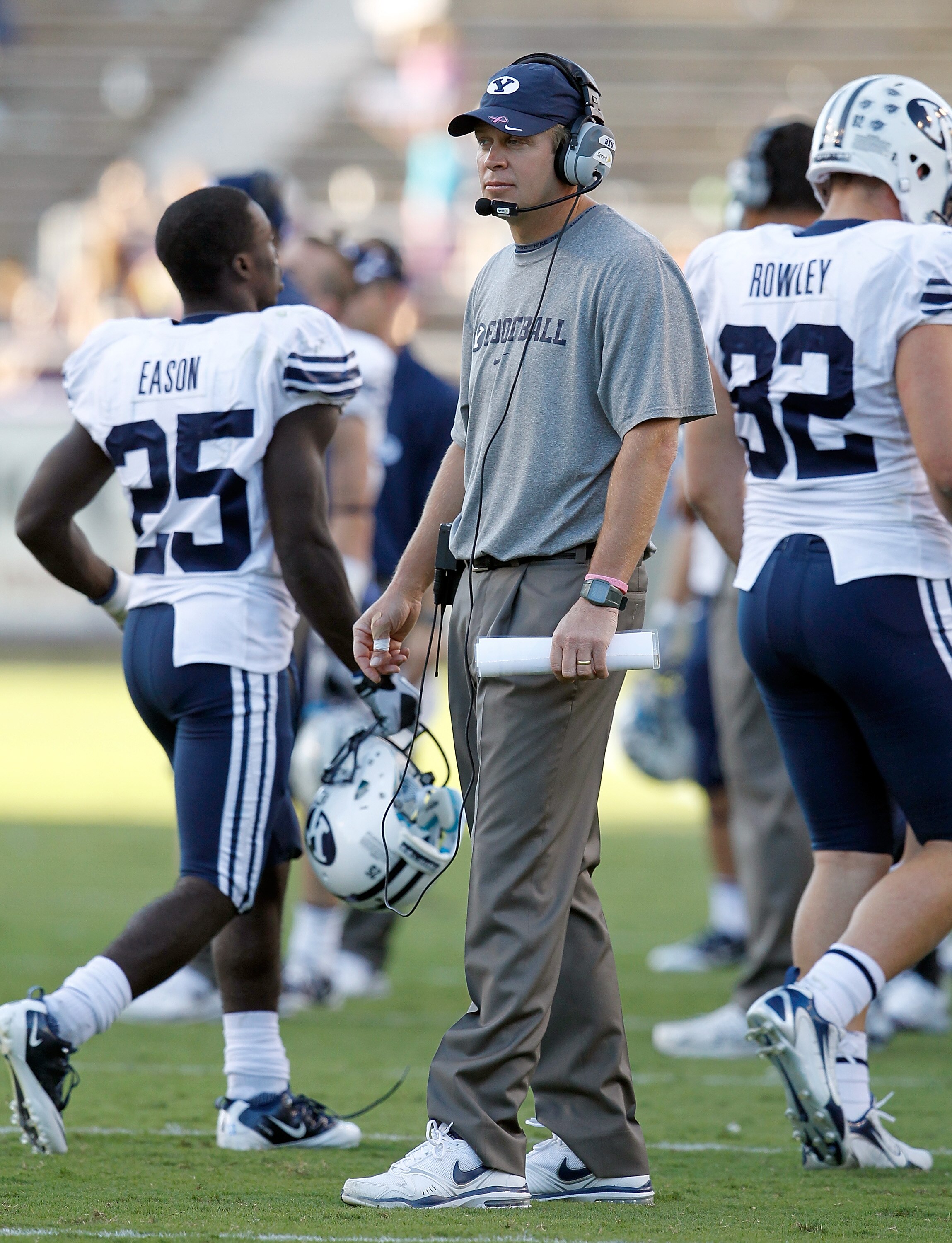 FORT WORTH, TX - OCTOBER 16:  Head coach Bronco Mendenhall of the BYU Cougars heads his team against the TCU Horned Frogs at Amon G. Carter Stadium on October 16, 2010 in Fort Worth, Texas.  TCU beat BYU 31-3.  (Photo by Tom Pennington/Getty Images)
