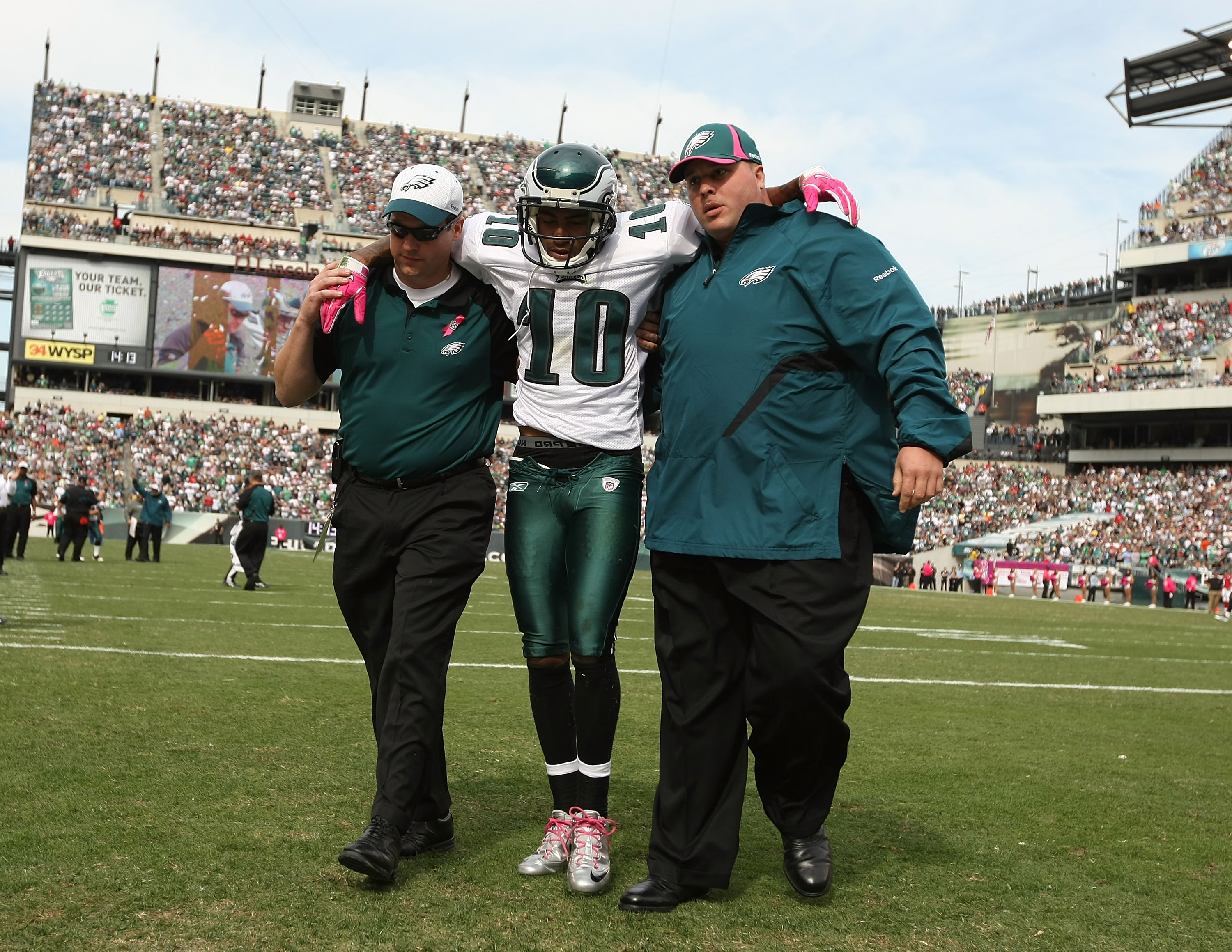 PHILADELPHIA - OCTOBER 17:  DeSean Jackson #10 of the Philadelphia Eagles is helped off the field after being  laid out by Dunta Robinson #23 of the Atlanta Falcons during their game at Lincoln Financial Field on October 17, 2010 in Philadelphia, Pennsylv