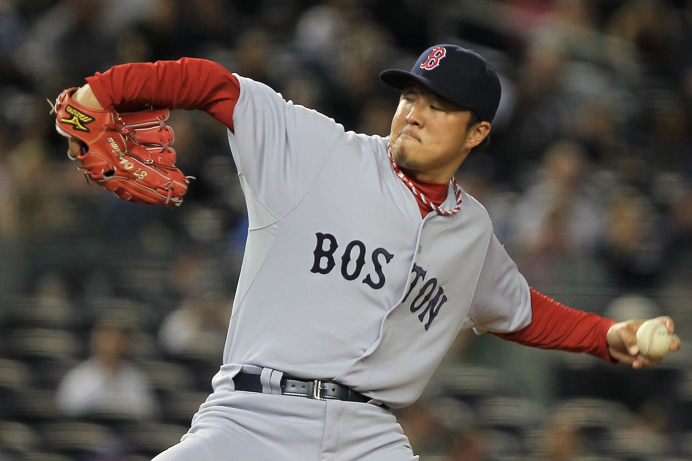 NEW YORK - SEPTEMBER 25:  Hideki Okajima #37 of the Boston Red Sox pitches against the New York Yankees during their game on September 25, 2010 at Yankee Stadium in the Bronx borough of New York City.  (Photo by Chris McGrath/Getty Images)