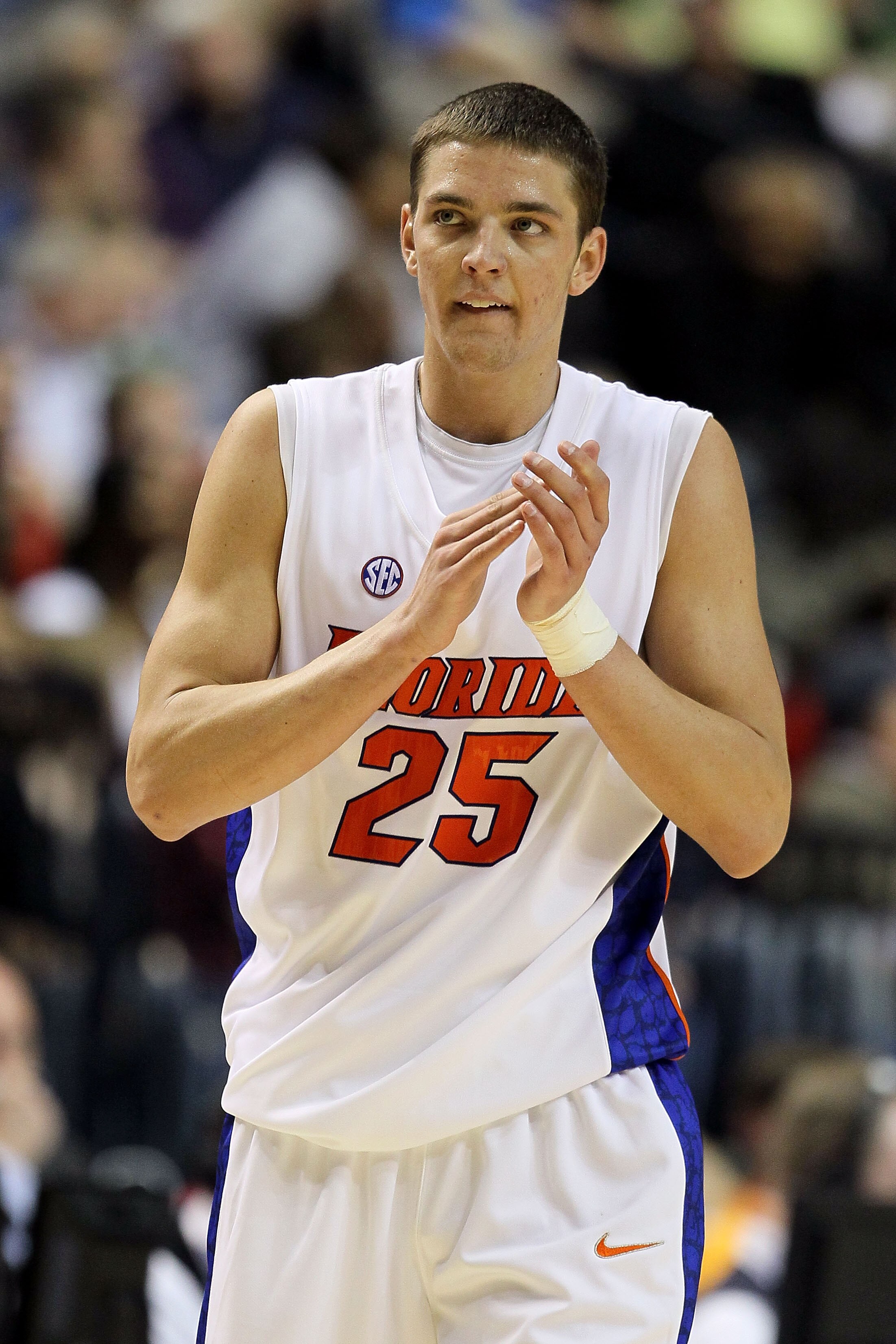 NASHVILLE, TN - MARCH 11:  Chandler Parsons #25 of the Florida Gators reacts after the Gators won 78-69 against the Auburn Tigers during the first round of the SEC Men's Basketball Tournament at the Bridgestone Arena on March 11, 2010 in Nashville, Tennes