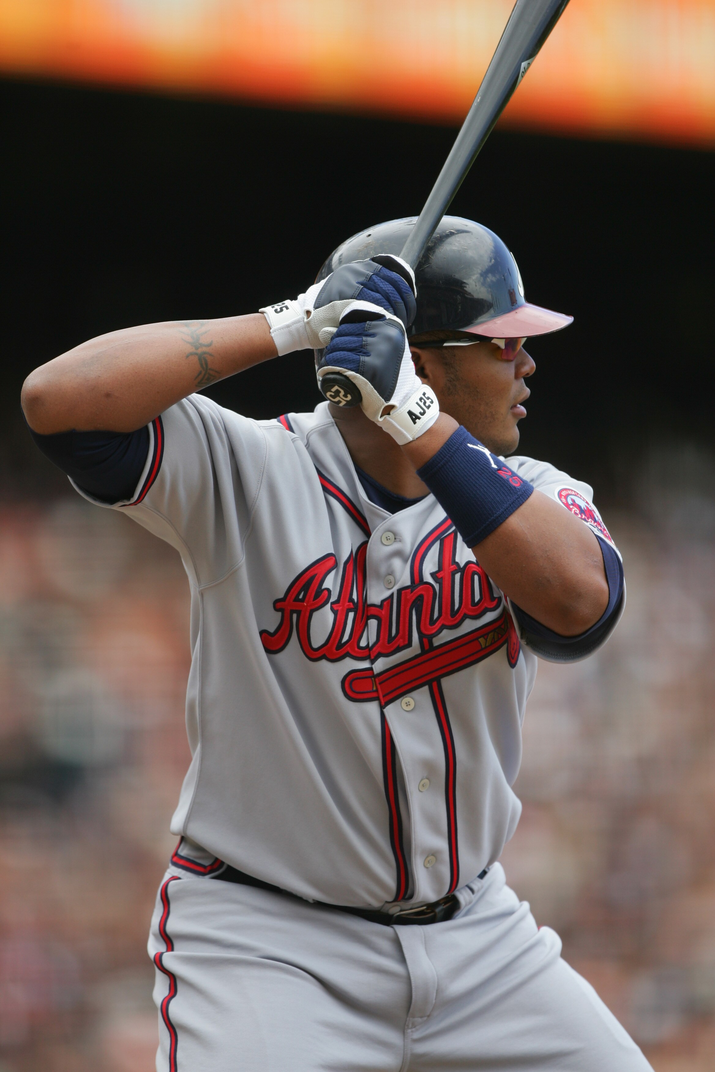 SAN FRANCISCO - APRIL 6:  Andruw Jones #25 of the Atlanta Braves bats against the San Francisco Giants during the home opener at AT&T Park on April 6, 2006 in San Francisco, California. The Giants defeated the Braves 6-4.  (Photo by Jed Jacobsohn/Getty Im