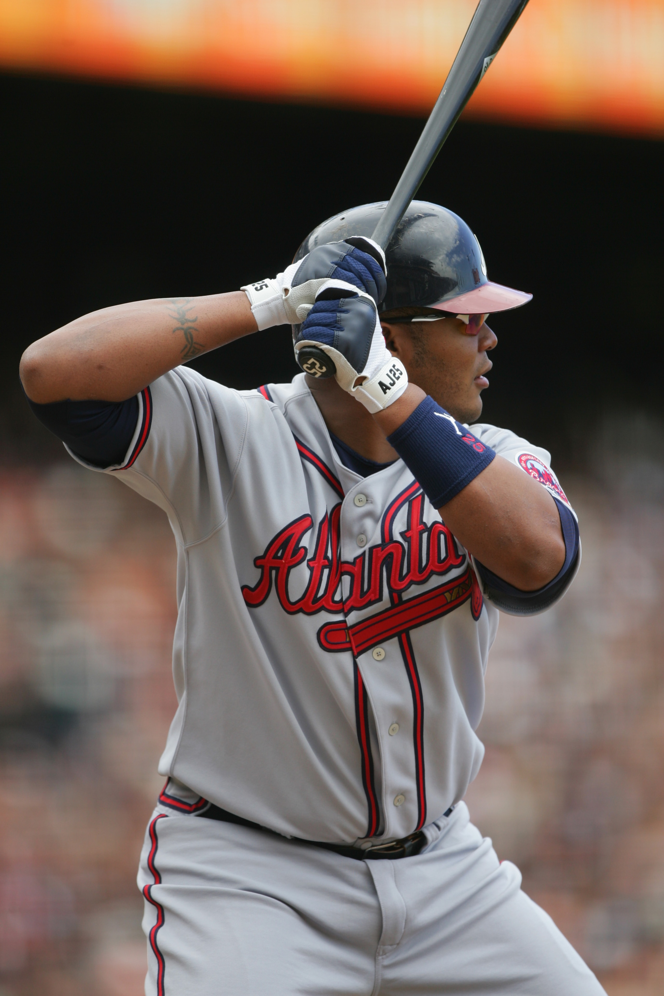 SAN FRANCISCO - APRIL 6:  Andruw Jones #25 of the Atlanta Braves bats against the San Francisco Giants during the home opener at AT&T Park on April 6, 2006 in San Francisco, California. The Giants defeated the Braves 6-4.  (Photo by Jed Jacobsohn/Getty Im