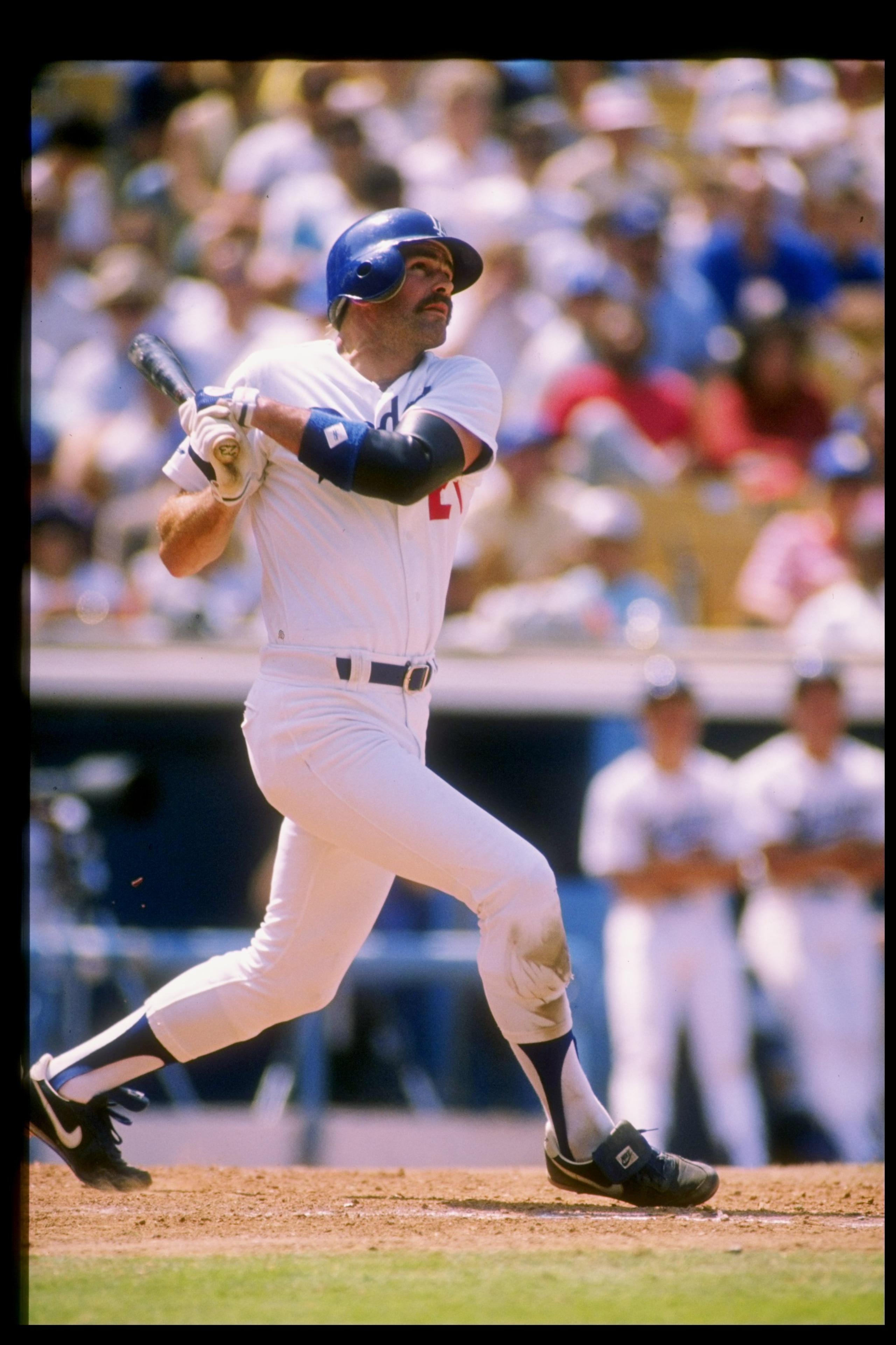 Undated:  Outfielder Kirk Gibson of the Los Angeles Dodgers at bat during a game at Dodger Stadium in Los Angeles, California. Mandatory Credit: Tim de Frisco  /Allsport