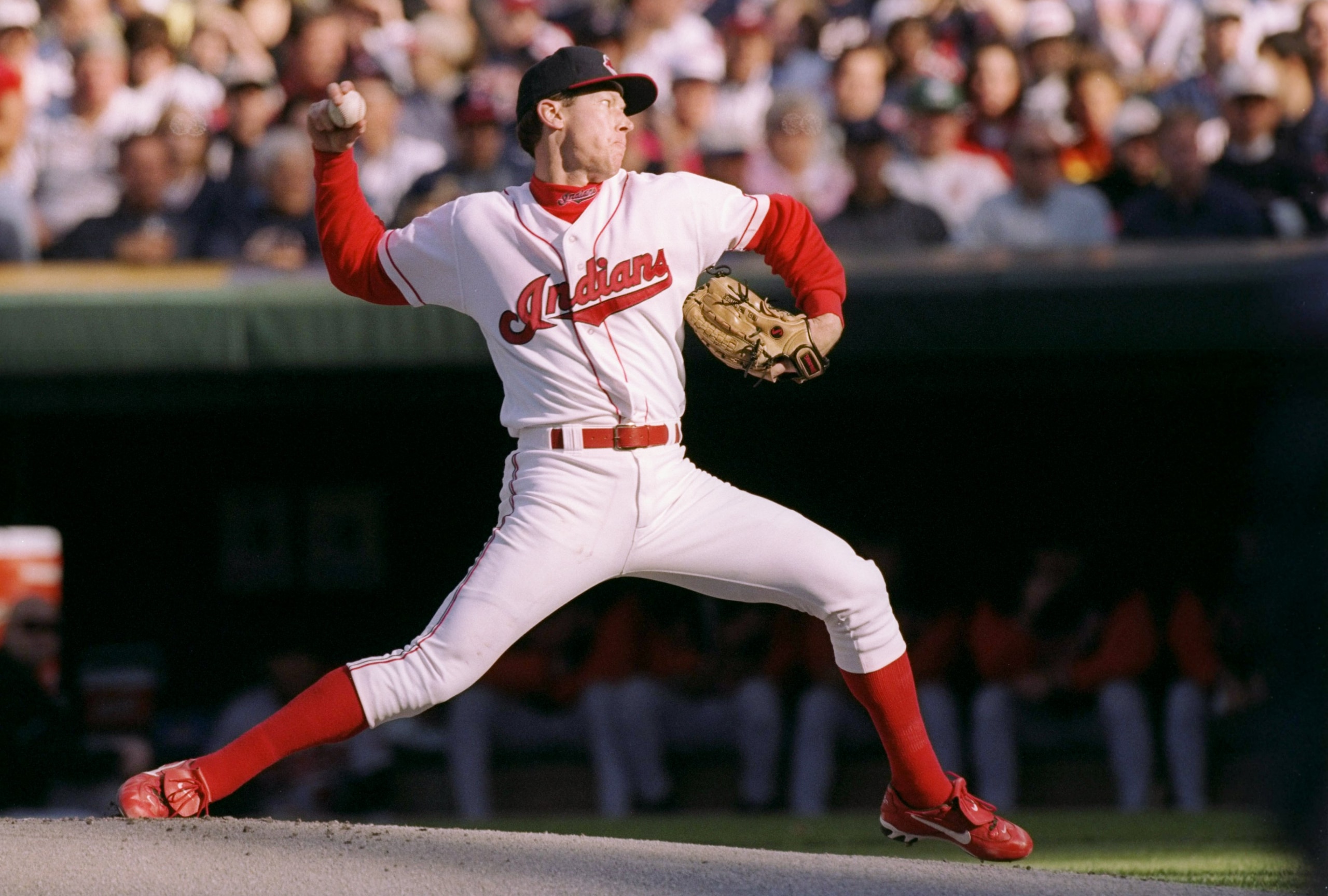 11 Oct 1997: Pitcher Orel Hershiser of the Cleveland Indians throws a pitch during game three of the American League Championship against the Baltimore Orioles at Jacobs Field in Cleveland, Ohio. The Indians won the game 2-1.