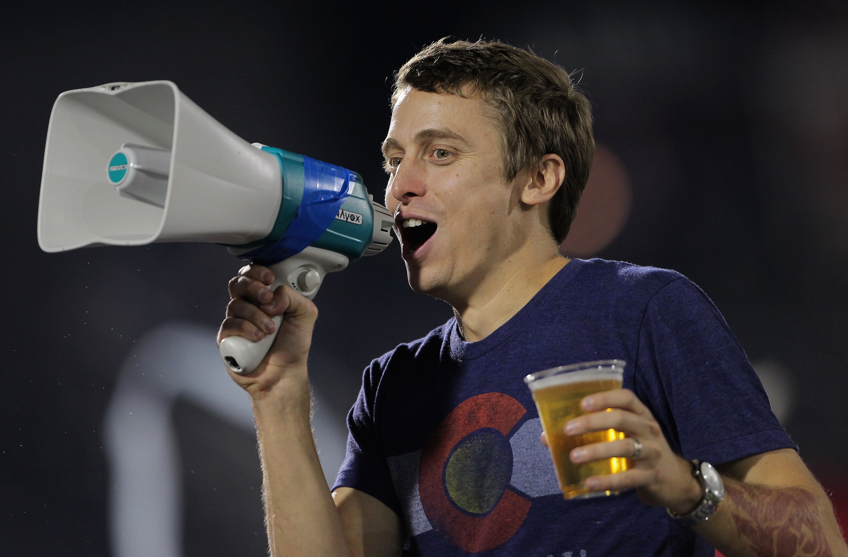 COMMERCE CITY, CO - SEPTEMBER 29:  A supporter of the Colorado Rapids leads cheers against the Philadelphia Union at Dick's Sporting Goods Park on September 29, 2010 in Commerce City, Colorado. The Rapids defeated the Union 4-1.  (Photo by Doug Pensinger/