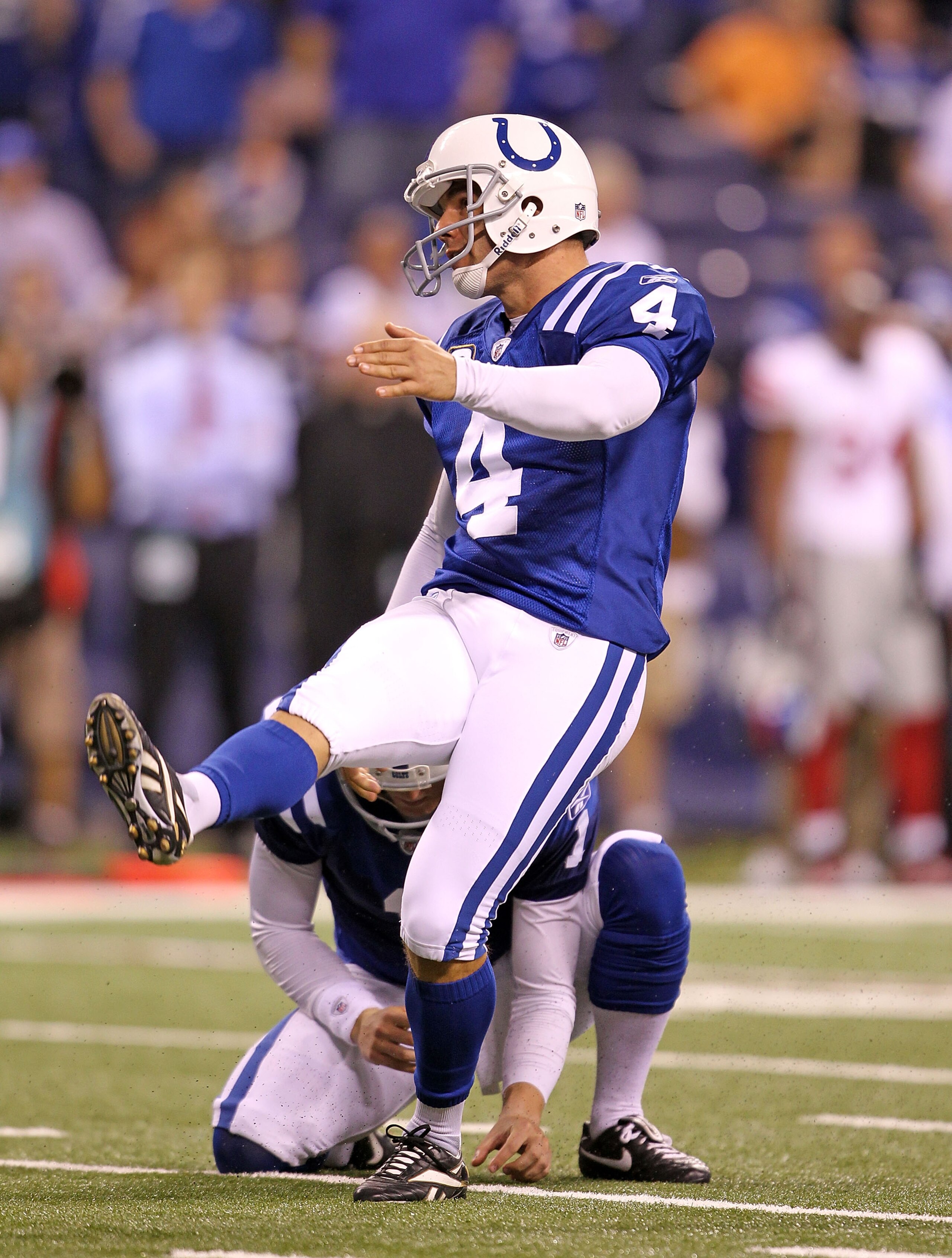 INDIANAPOLIS - SEPTEMBER 19: Adam Vinateri #4 of the Indianapolis Colts kicks a field goal during the NFL game against the New York Giants  at Lucas Oil Stadium on September 19, 2010 in Indianapolis, Indiana.  (Photo by Andy Lyons/Getty Images)