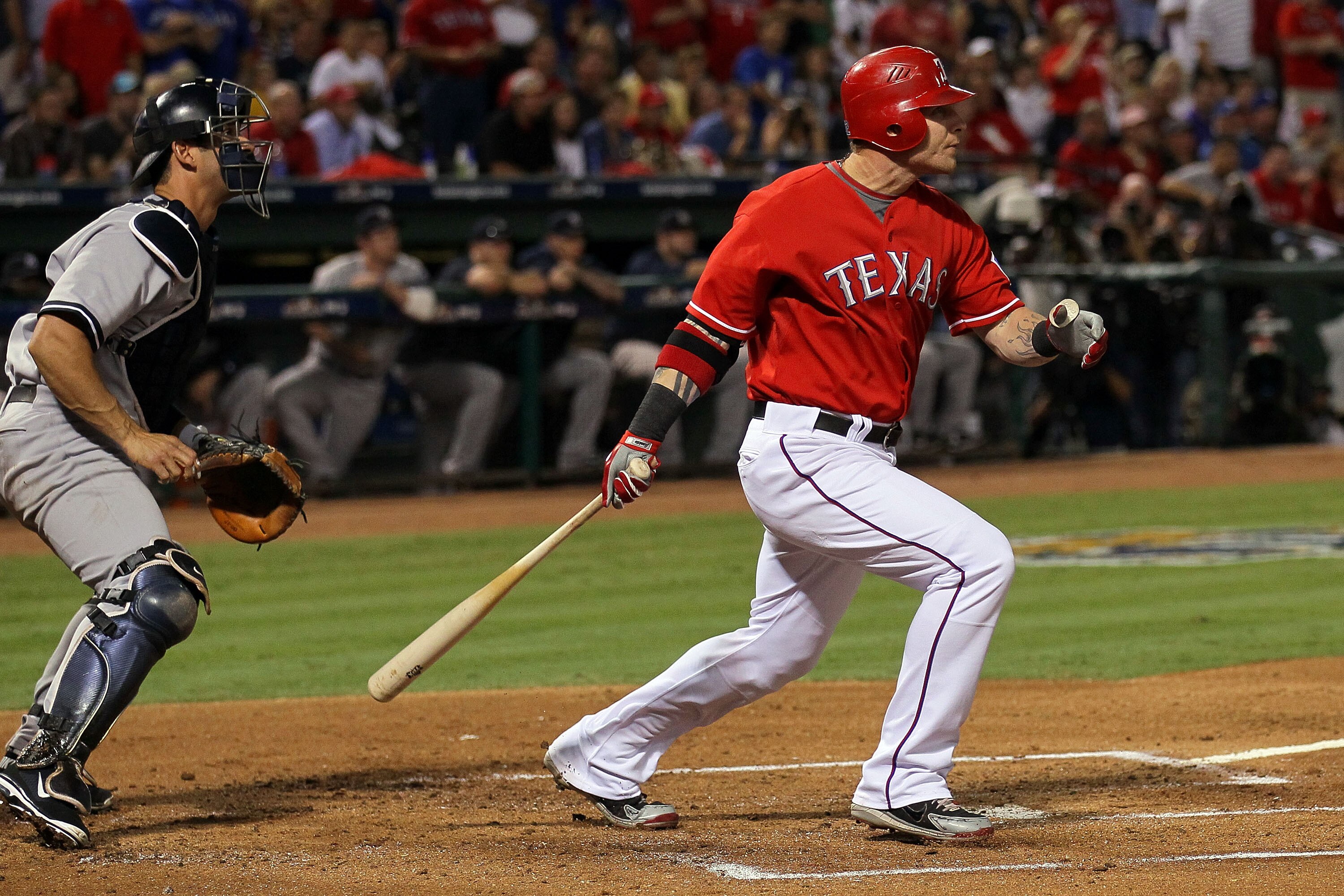 ARLINGTON, TX - OCTOBER 15:  Josh Hamilton #32 of the Texas Rangers hits a three run home run in the first inning against the New York Yankees in Game One of the ALCS during the 2010 MLB Playoffs at Rangers Ballpark in Arlington on October 15, 2010 in Arl