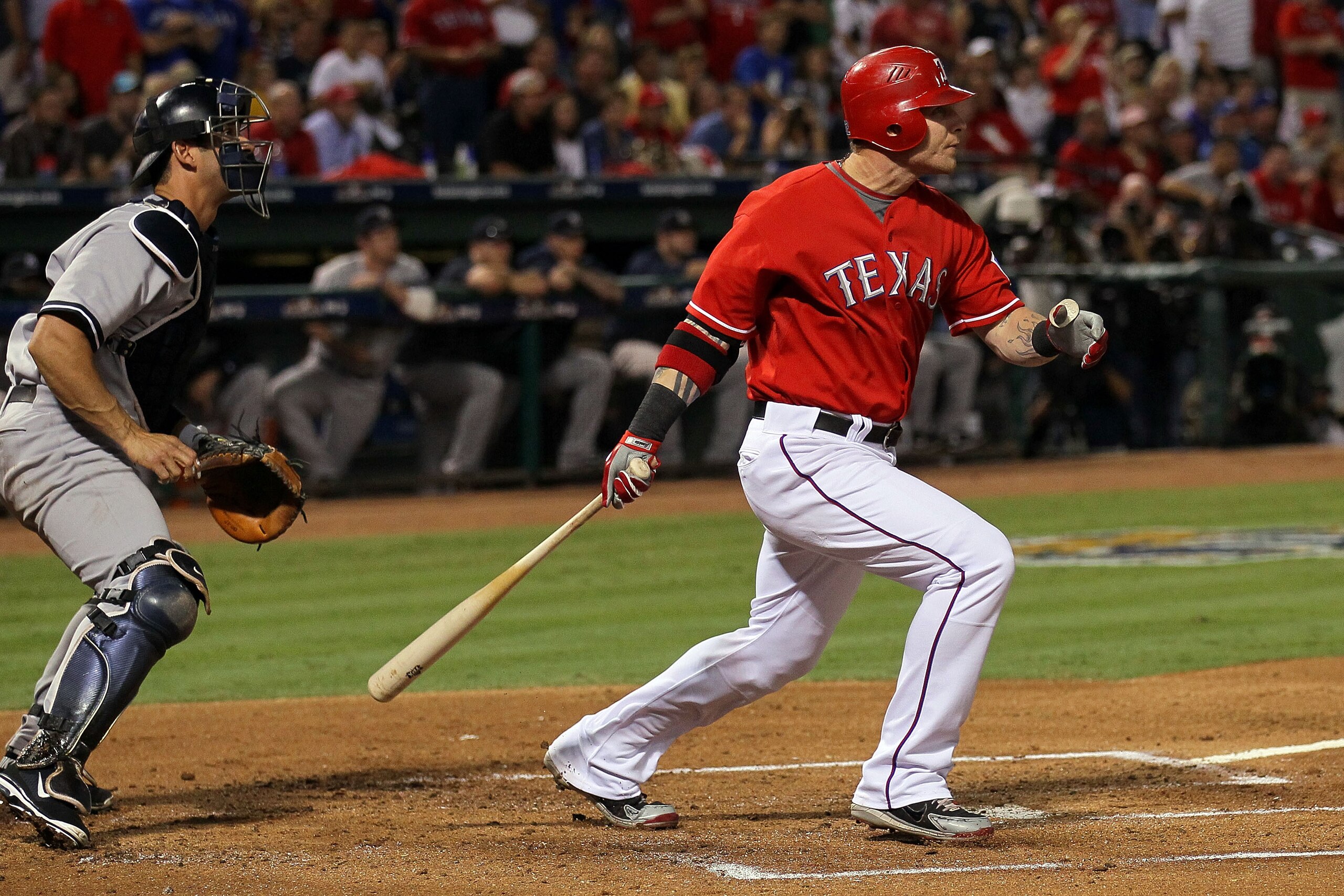 ARLINGTON, TX - OCTOBER 15: Josh Hamilton #32 of the Texas Rangers hits a three run home run in the first inning against the New York Yankees in Game One of the ALCS during the 2010 MLB Playoffs at Rangers Ballpark in Arlington on October 15, 2010 in Arl ARLINGTON, TX - OCTOBER 15: Josh Hamilton #32 of the Texas Rangers hits a three run home run in the first inning against the New York Yankees in Game One of the ALCS during the 2010 MLB Playoffs at Rangers Ballpark in Arlington on October 15, 2010 in Arl