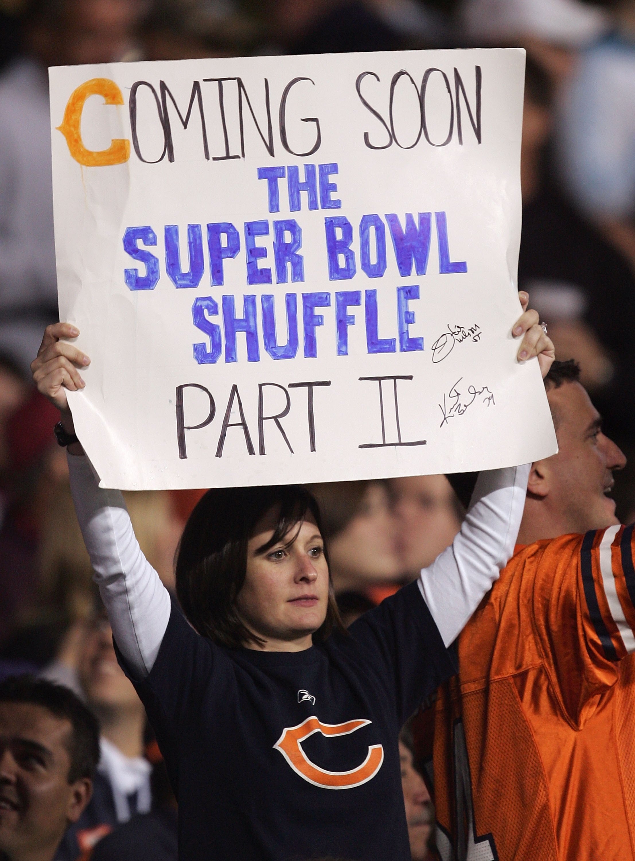CHICAGO - OCTOBER 01:  A fan of the Chicago Bears holds up a sign that reads 'Coming Soon The Super Bowl Shuffle Part II' in support of the Bears against he Seattle Seahawks October 1, 2006 at Soldier Field in Chicago, Illinois.  (Photo by Jonathan Daniel