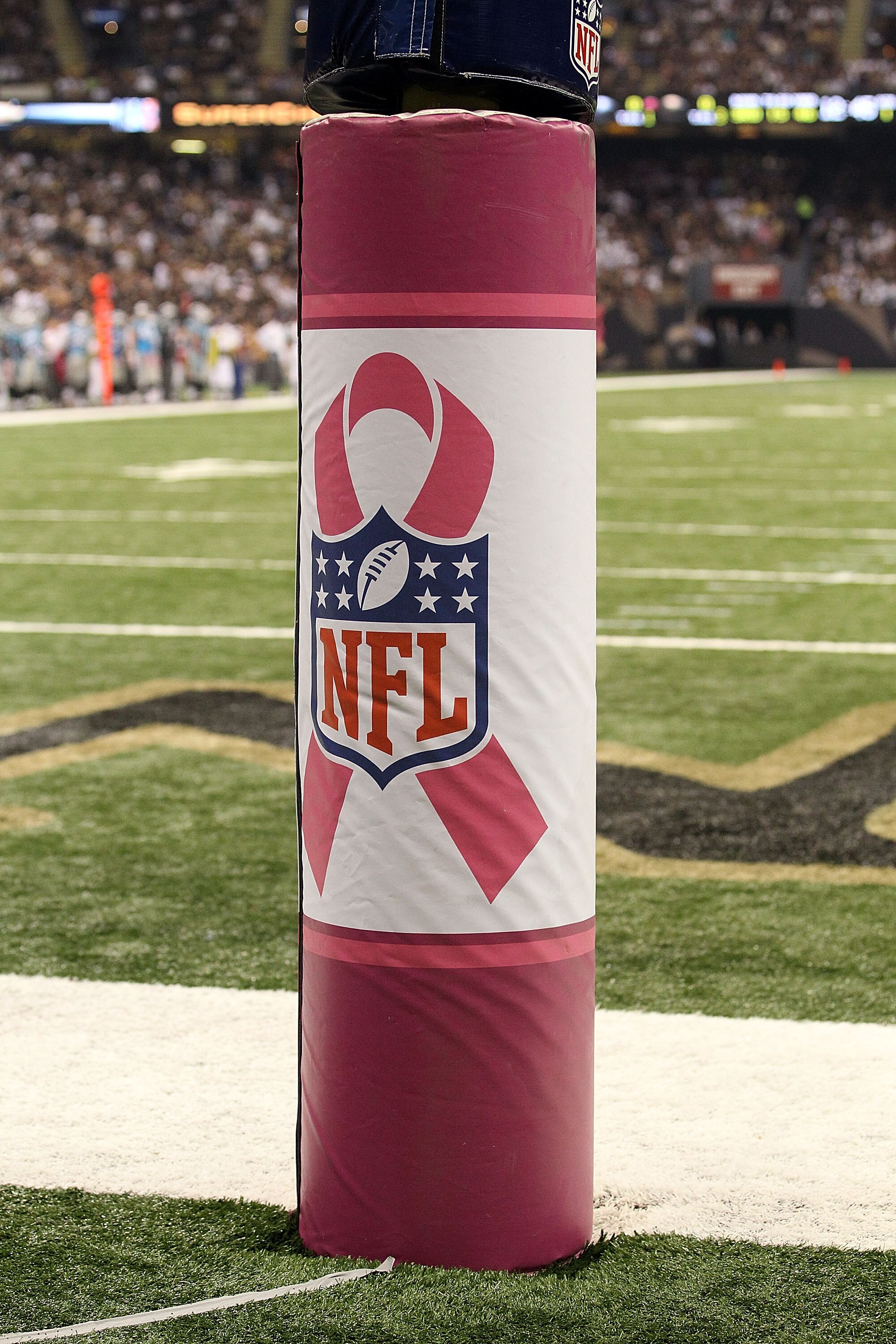 NEW ORLEANS - OCTOBER 03:  A pink ribbon with the NFL logo in support of Breast Cancer Awareness on the goal post during a game between the Carolina Panthers and the New Orleans Saints at the Louisiana Superdome on October 3, 2010 in New Orleans, Louisian