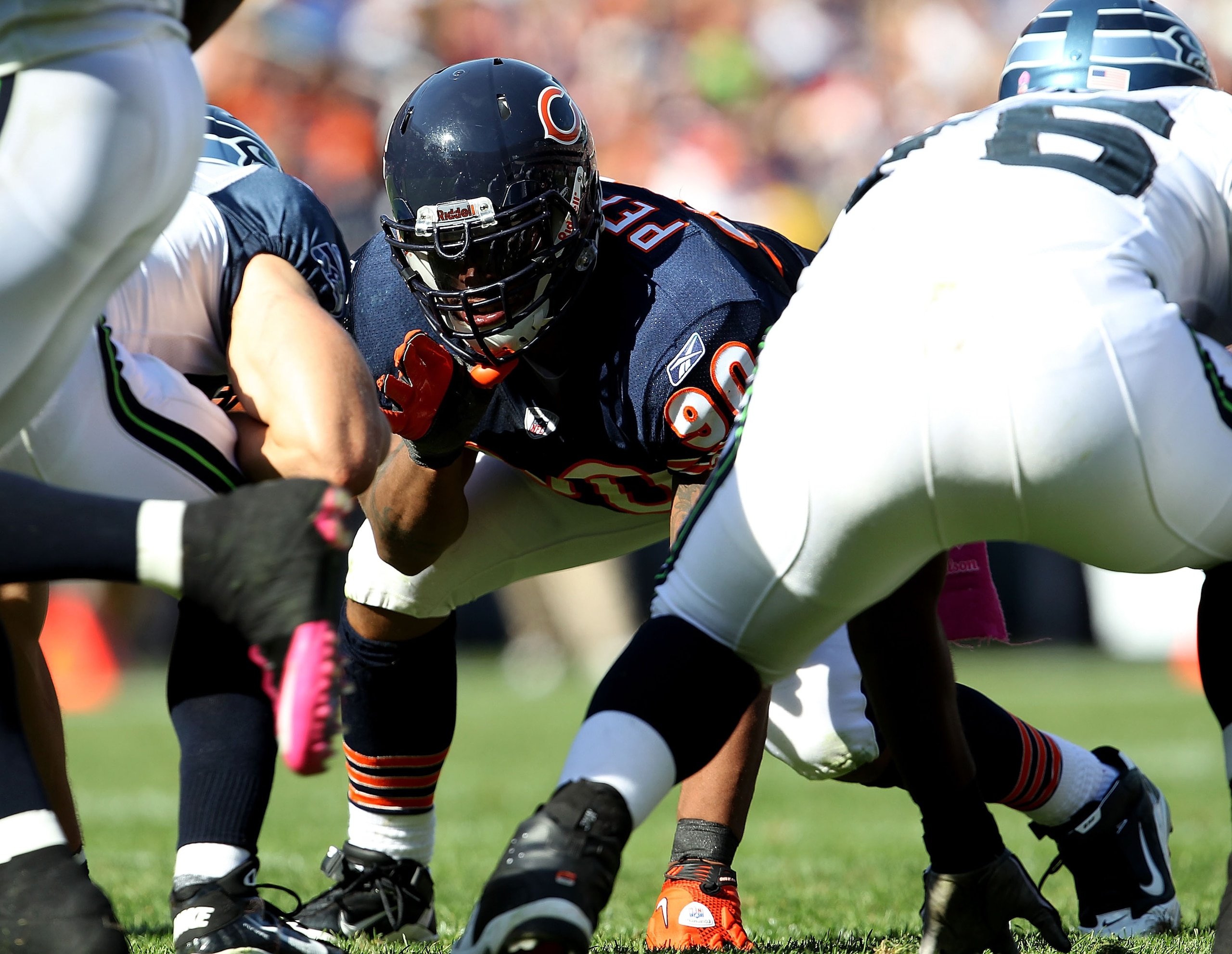 CHICAGO - OCTOBER 17: Julius Peppers #90 of the Chicago Bears awaits the start of play against the Seattle Seahawks at Soldier Field on October 17, 2010 in Chicago, Illinois. The Seahawks defeated the Bears 23-20. (Photo by Jonathan Daniel/Getty Images)
