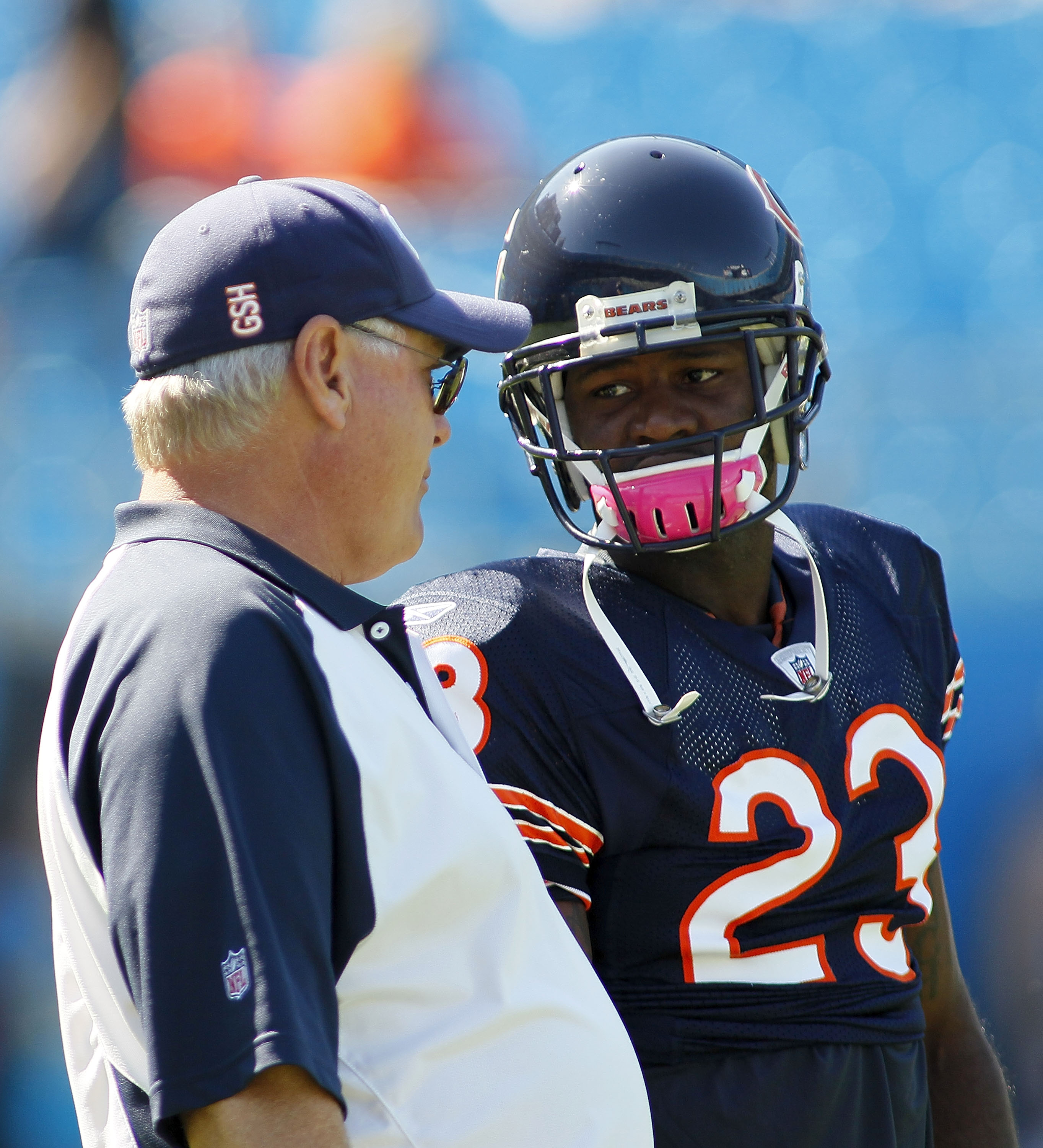 CHARLOTTE, NC - OCTOBER 10: Wide receiver Devin Hester #23 of the Chicago Bears talks with offensive coordinator Mike Martz (L) prior to the Bears game against the Carolina Panthers at Bank of America Stadium on October 10, 2010 in Charlotte, North Caroli