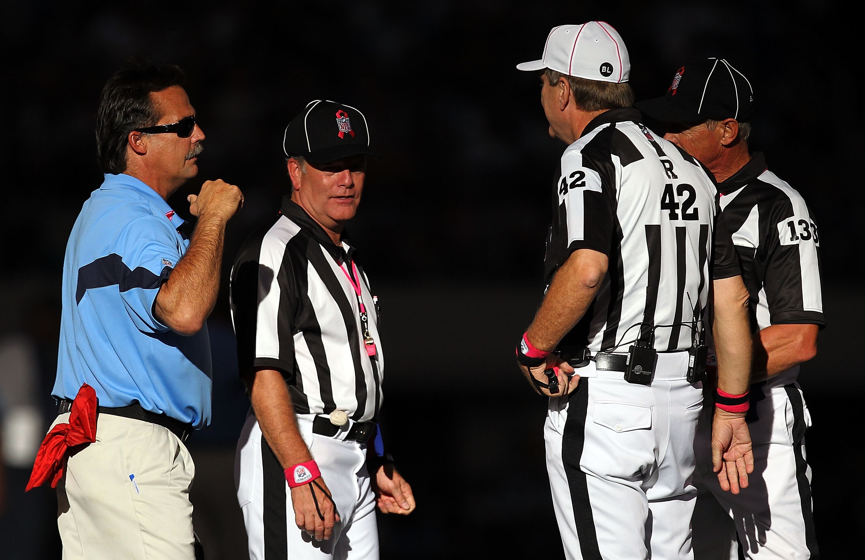 ARLINGTON, TX - OCTOBER 10:  Head coach Jeff Fisher of the Tennessee Titans talks with officials at Cowboys Stadium on October 10, 2010 in Arlington, Texas.  (Photo by Ronald Martinez/Getty Images)