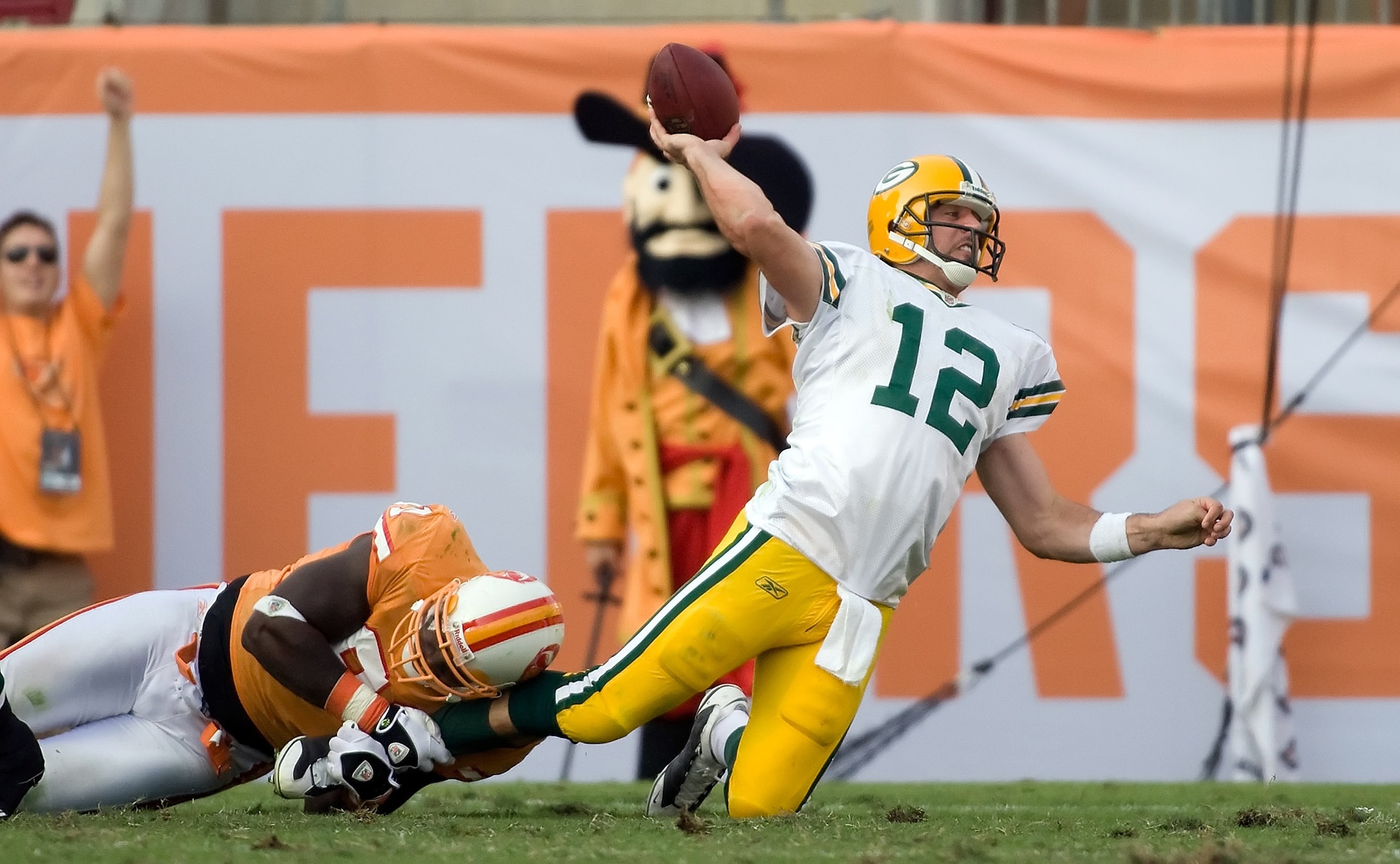 TAMPA, FL - NOVEMBER 08:  Defensive end Stylz G. White #91 of the Tampa Bay Buccaneers sacks quarterback Aaron Rogers #12 of the Green Bay Packers during the game at Raymond James Stadium on November 8, 2009 in Tampa, Florida. The Buccaneers defeated the