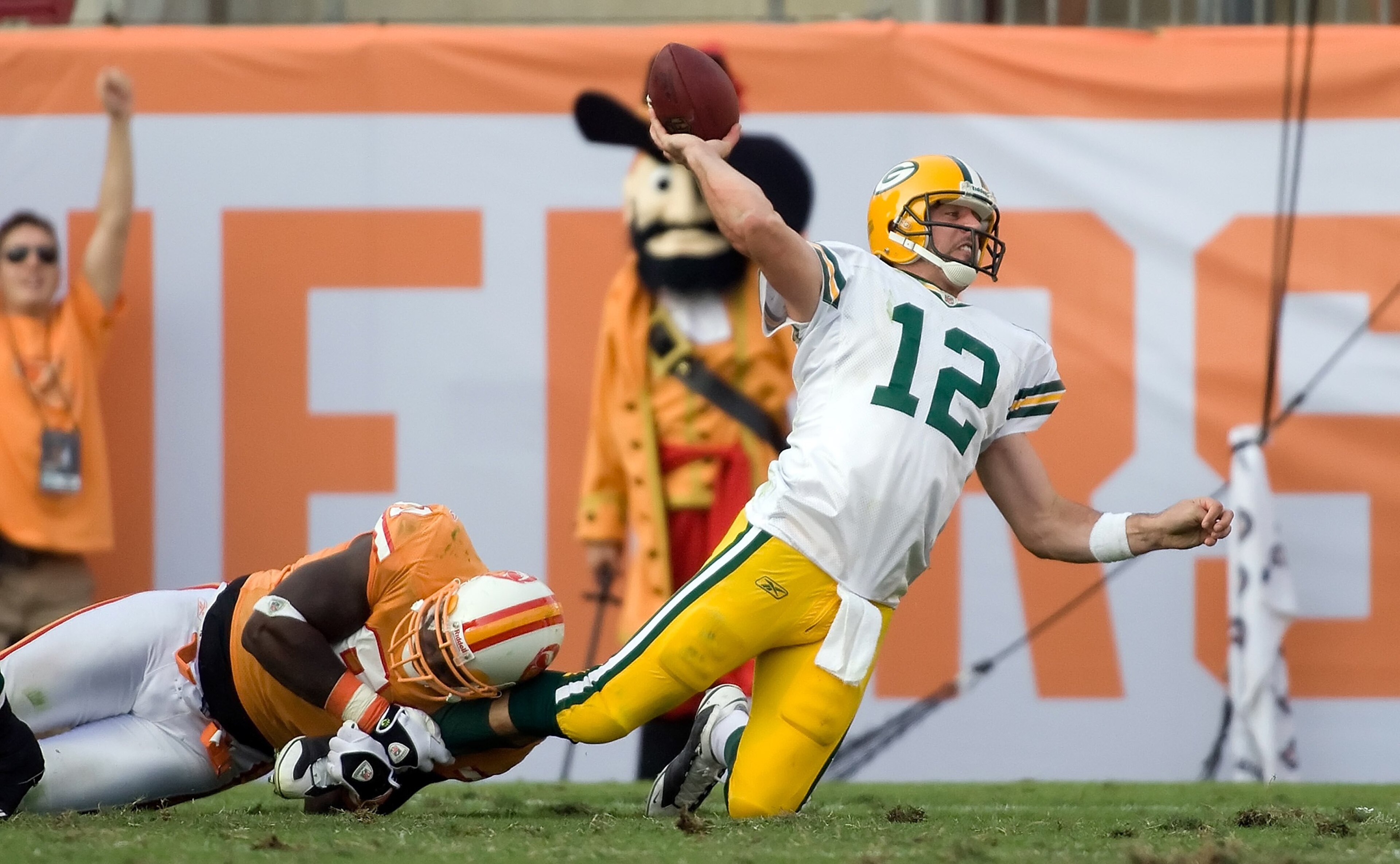 TAMPA, FL - NOVEMBER 08:  Defensive end Stylz G. White #91 of the Tampa Bay Buccaneers sacks quarterback Aaron Rogers #12 of the Green Bay Packers during the game at Raymond James Stadium on November 8, 2009 in Tampa, Florida. The Buccaneers defeated the