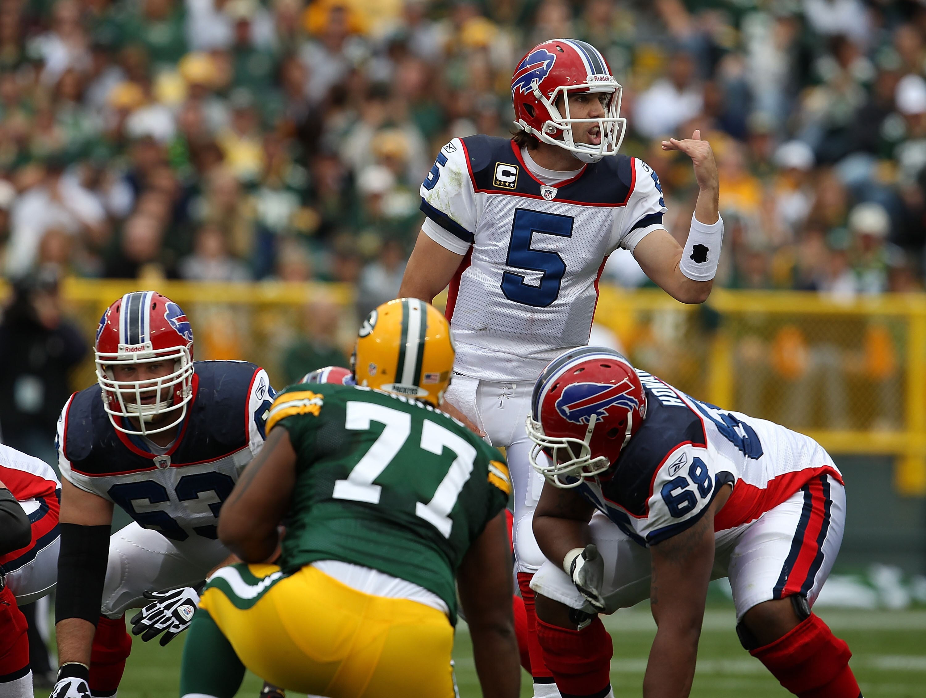 GREEN BAY, WI - SEPTEMBER 19: Trent Edwards #5 of the Buffalo Bills calls a playagainst the Green Bay Packers at Lambeau Field on September 19, 2010 in Green Bay, Wisconsin. The Packers defeated the Bills 34-7. (Photo by Jonathan Daniel/Getty Images)