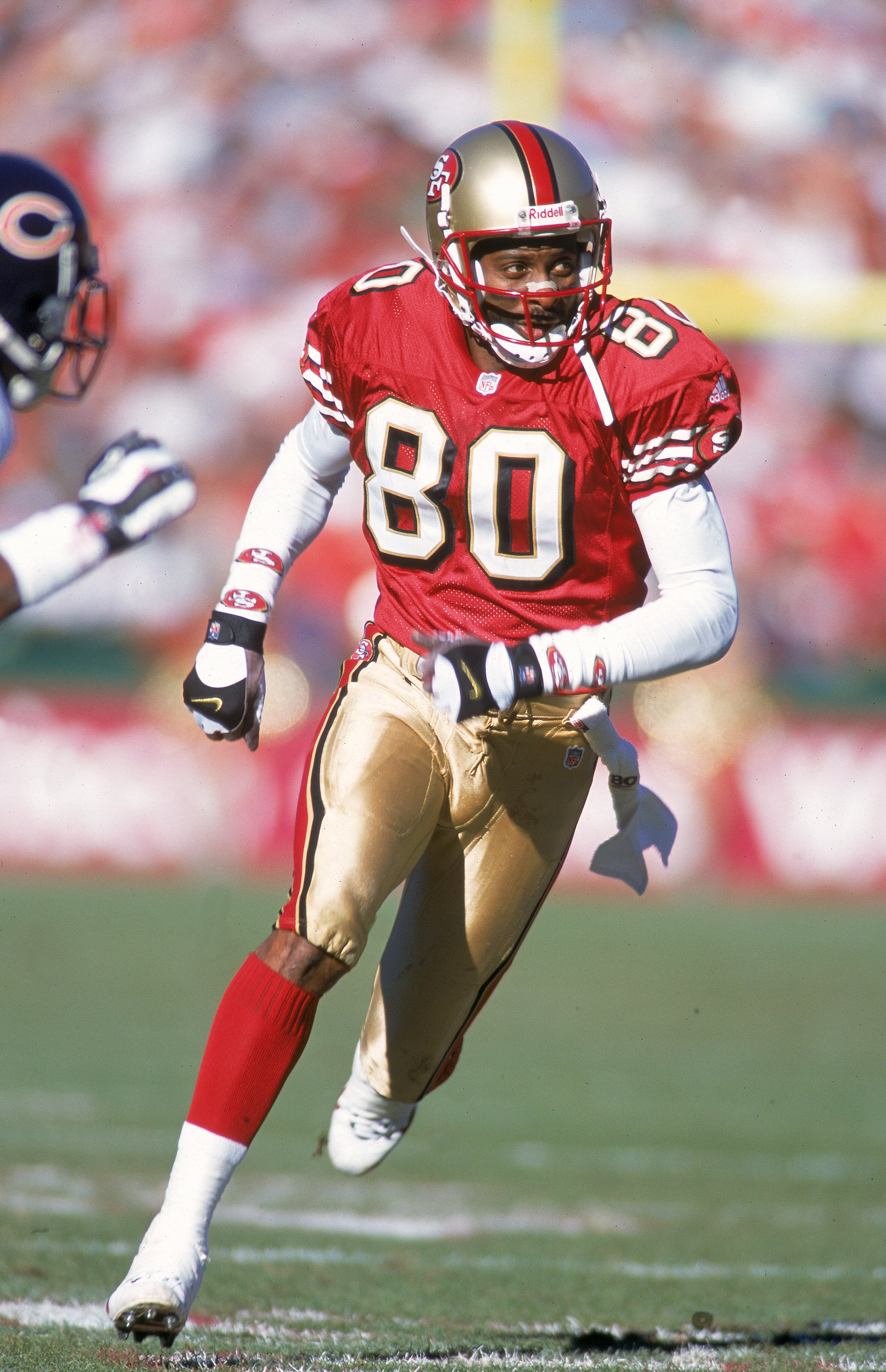 17 Dec 2000: Jerry Rice #80 of the San Francisco 49ers looks to the side while running during the game against the Chicago Bears at the 3Com Park in San Francisco, California. The 49ers defeated the Bears 17-0.Mandatory Credit: Jed Jacobsohn /Allsport 17 Dec 2000: Jerry Rice #80 of the San Francisco 49ers looks to the side while running during the game against the Chicago Bears at the 3Com Park in San Francisco, California. The 49ers defeated the Bears 17-0.Mandatory Credit: Jed Jacobsohn /Allsport