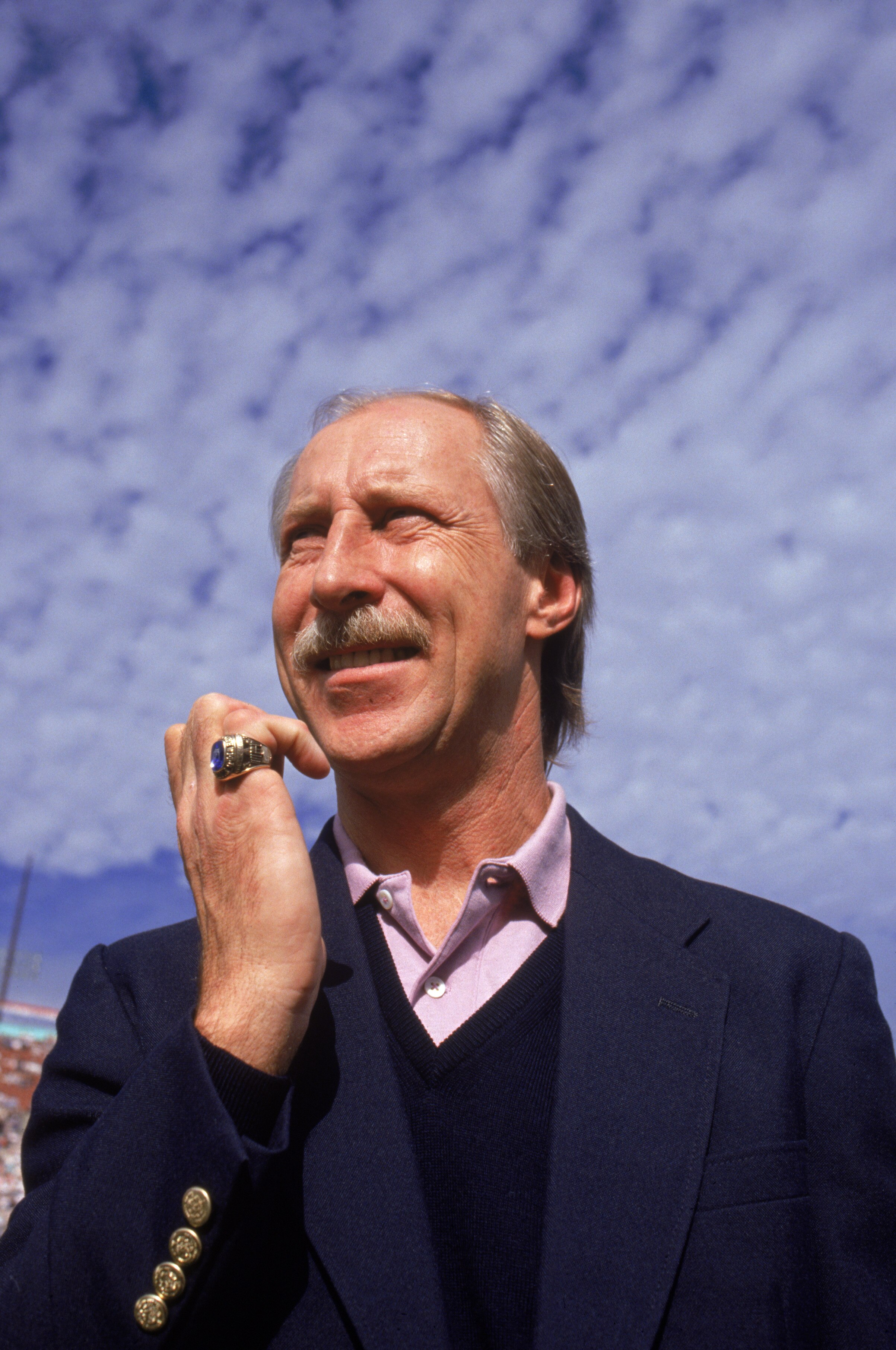 LOS ANGELES - DECEMBER 4:  Former Raiders wide receiver Fred Biletnikoff displays his Hall of Fame ring as he attends a game between the Denver Broncos and the Los Angeles Raiders at the Los Angeles Memorial Coliseum on December 4, 1988 in Los Angeles, Ca