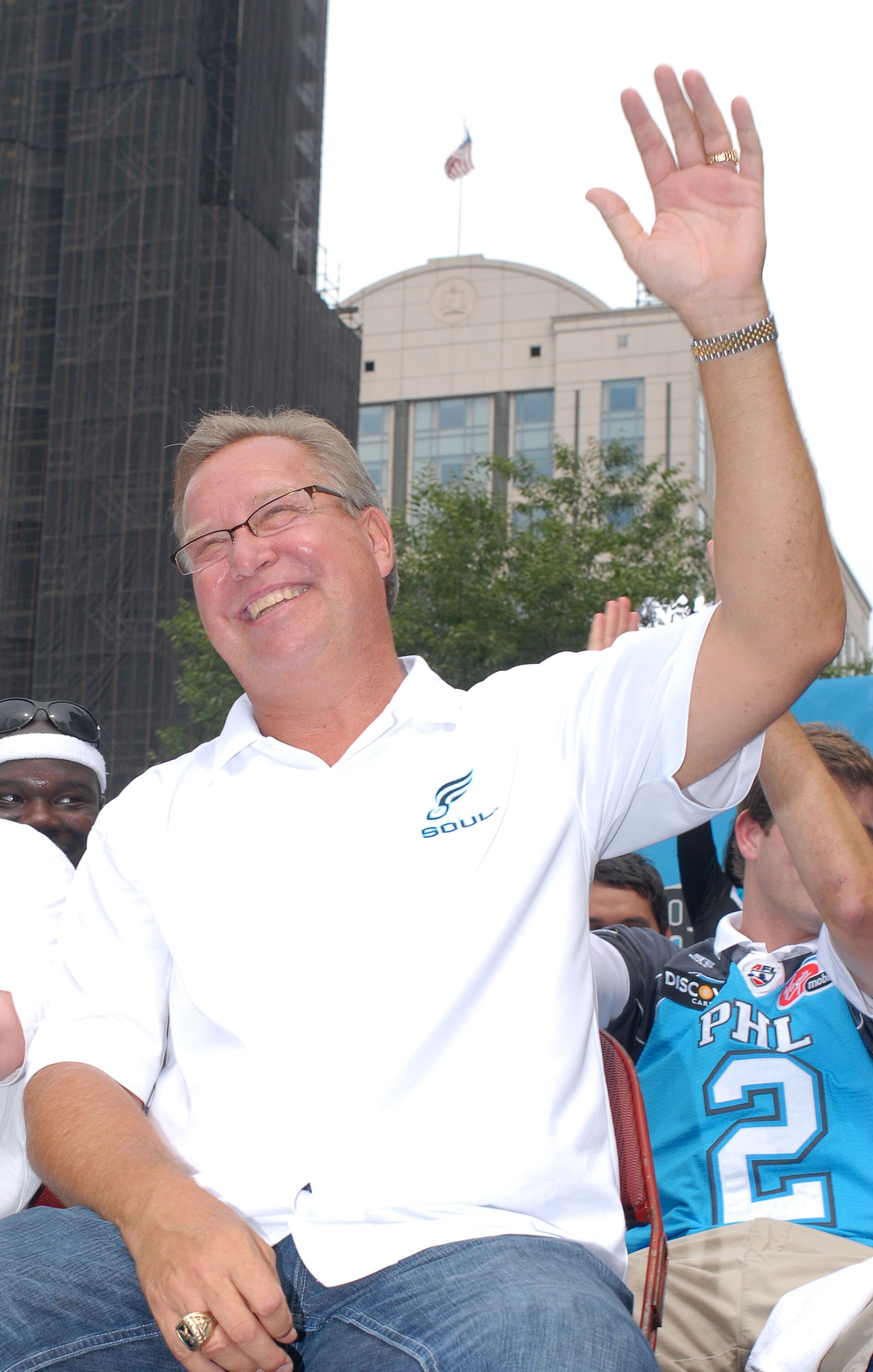 PHILADELPHIA - JULY 31: Team president Ron Jaworski waves to fans during a championship parade at City Hall on July 27, 2008 in Philadelphia, Pennsylvania. Bon Jovi and fellow investors celebrate the Philadelphia Soul's victory at ArenaBowl XXII in New Or