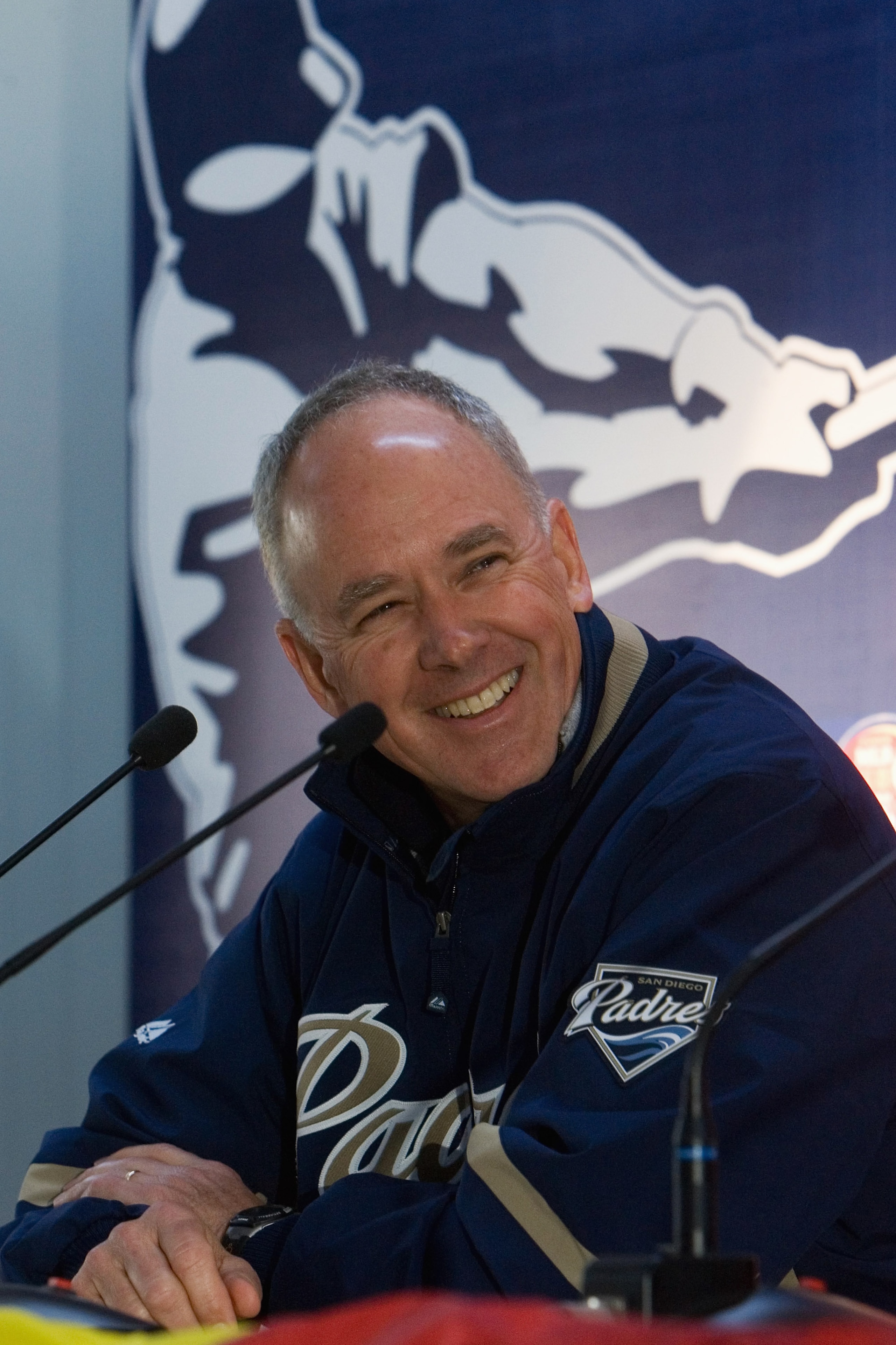 BEIJING - MARCH 14:  CEO Sandy Alderson of the San Diego Padres smiles during the 2008 Major League Baseball (MLB) China Series news conference at Beijing's Wukesong Stadium on March 14, 2008 in Beijing, China. The San Diego Padres will face the Los Angel