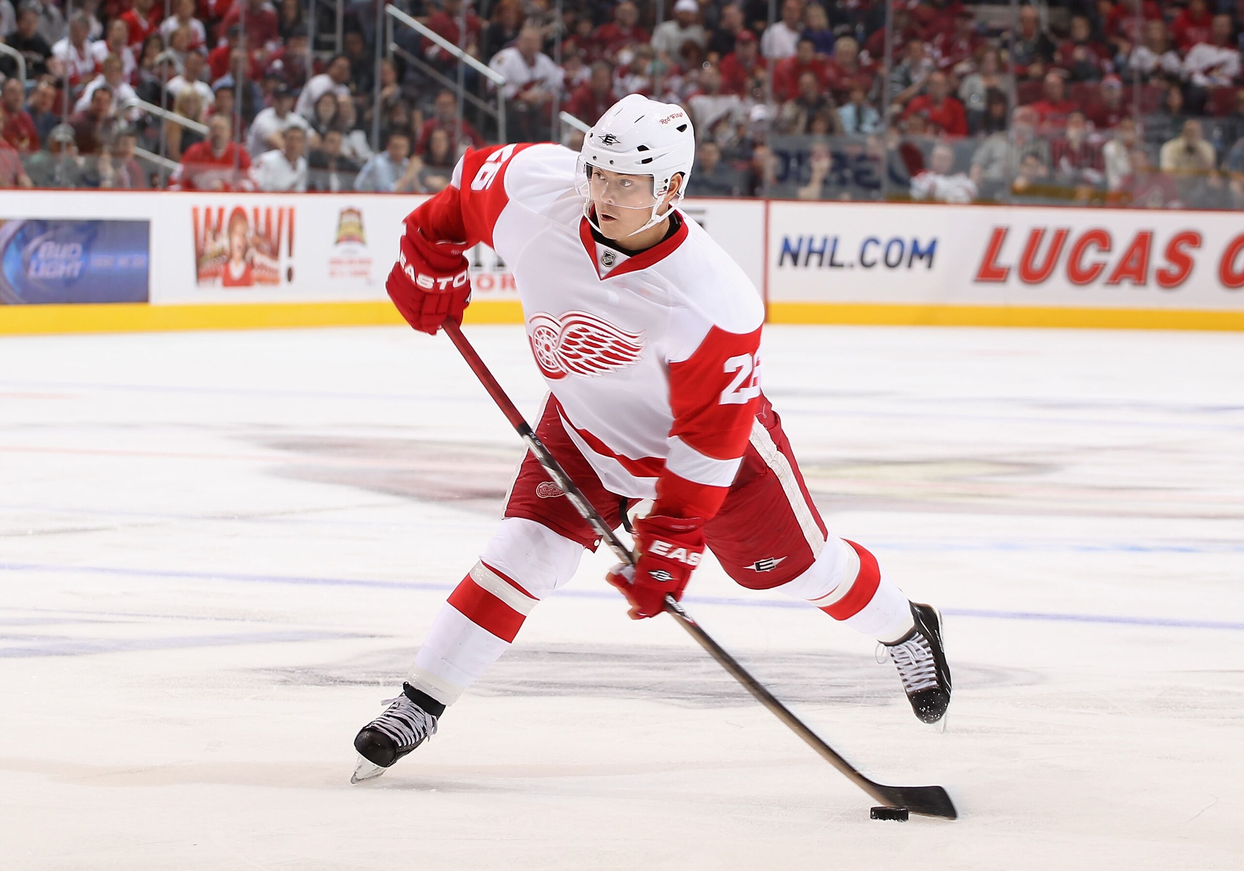 GLENDALE, AZ - OCTOBER 16:  Jiri Hudler #26 of the Detroit Red Wings shoots the puck during the NHL game against the Phoenix Coyotes at Jobing.com Arena on October16, 2010 in Glendale, Arizona.  The Red Wings defeated the Coyotes 2-1 in overtime.  (Photo