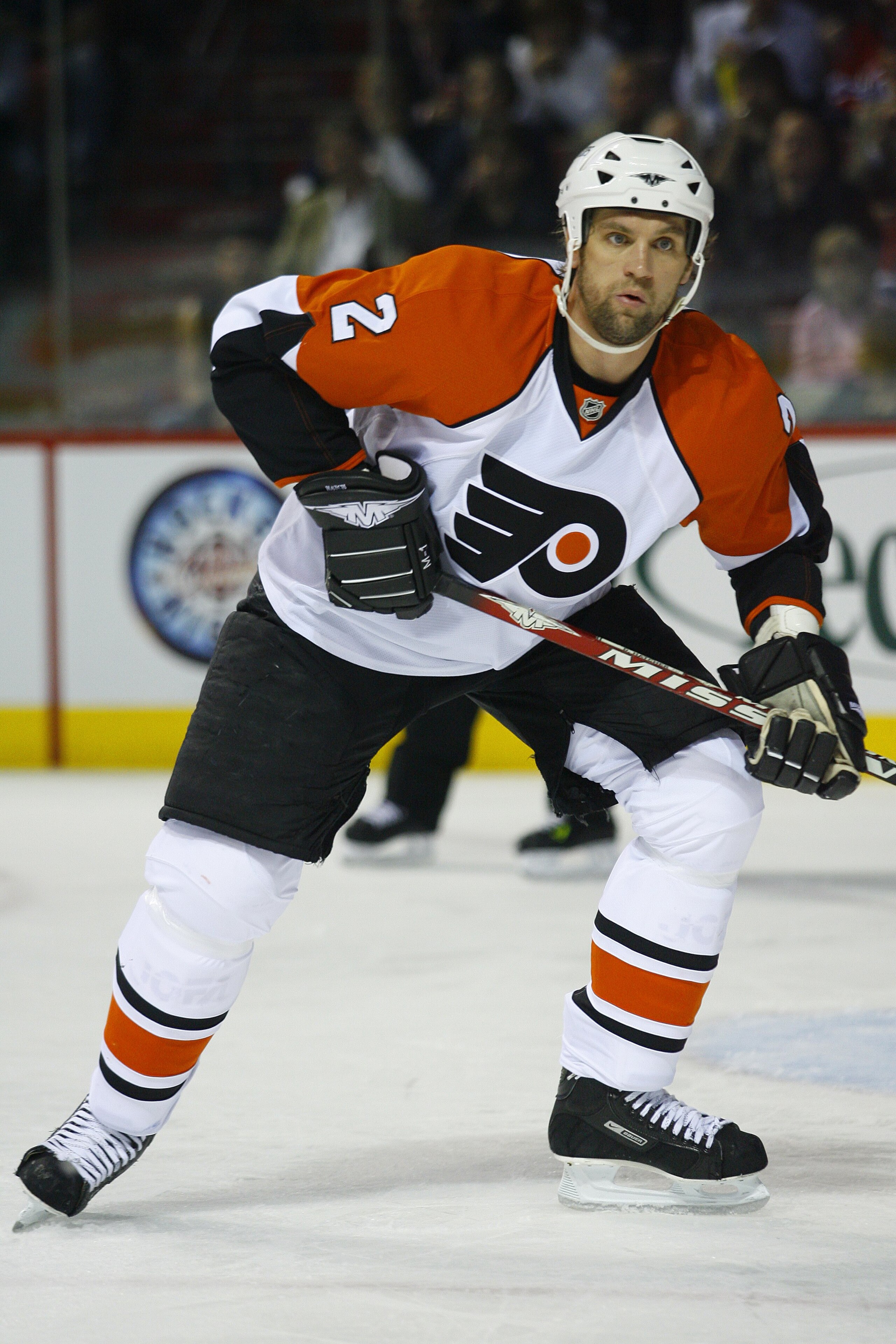 MONTREAL, CANADA- APRIL 24: Derian Hatcher #2 of the Philadelphia Flyers skates against the Montreal Canadiens during Game One of the Eastern Conference Semifinals of the 2008 NHL Stanley Cup Playoffs on April 24, 2008 at the Bell Centre in Montreal, Cana