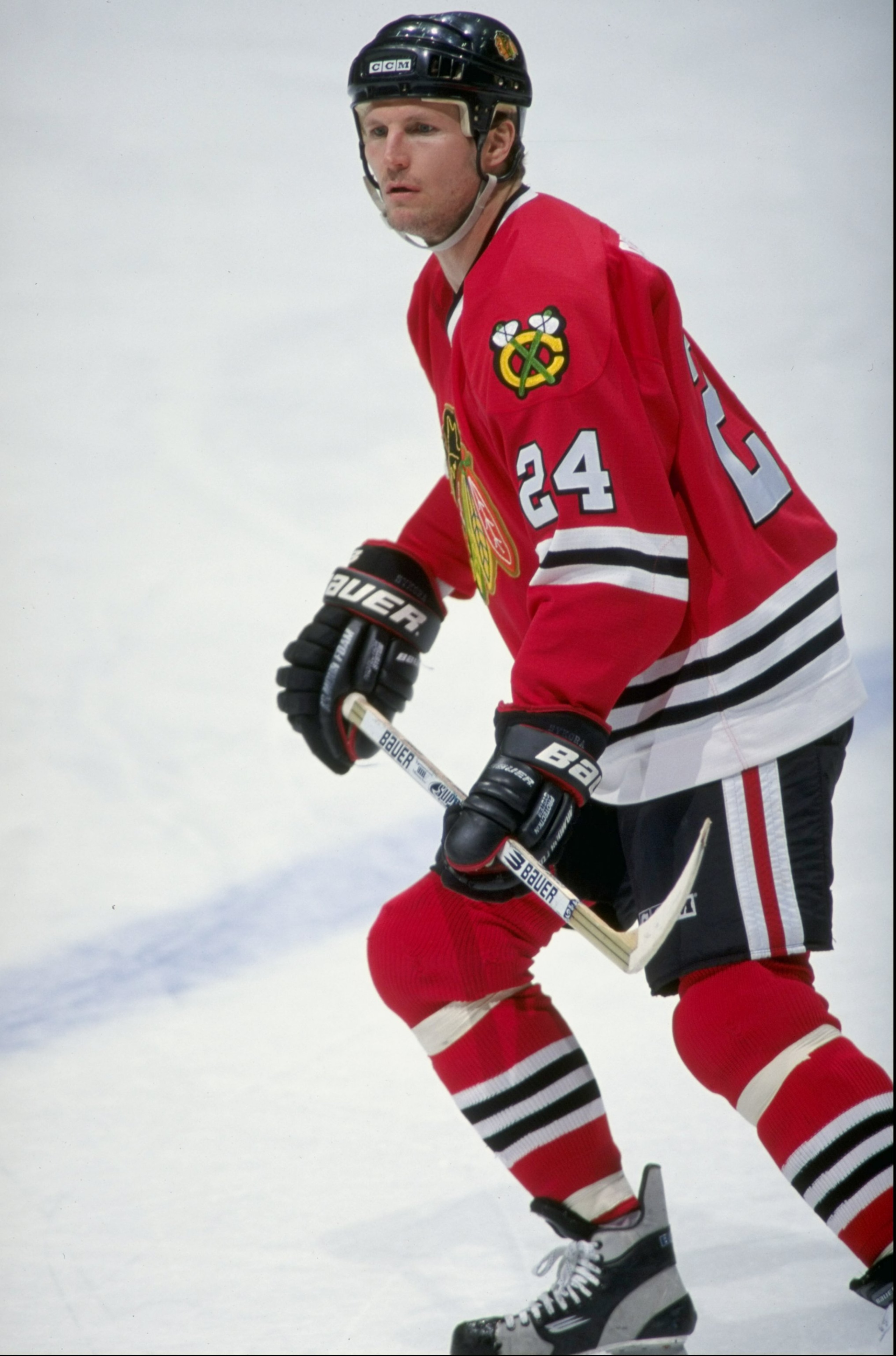 28 Jan 1999:  Bob Probert #24 of the Chicago Blackhawks skates during the game against the Calgary Flames at the Canadian Airlines Saddledome in Calgary, Alberta, Canada. The Blackhawks tied the Flames 6-6. Mandatory Credit: Ian Tomlinson  /Allsport