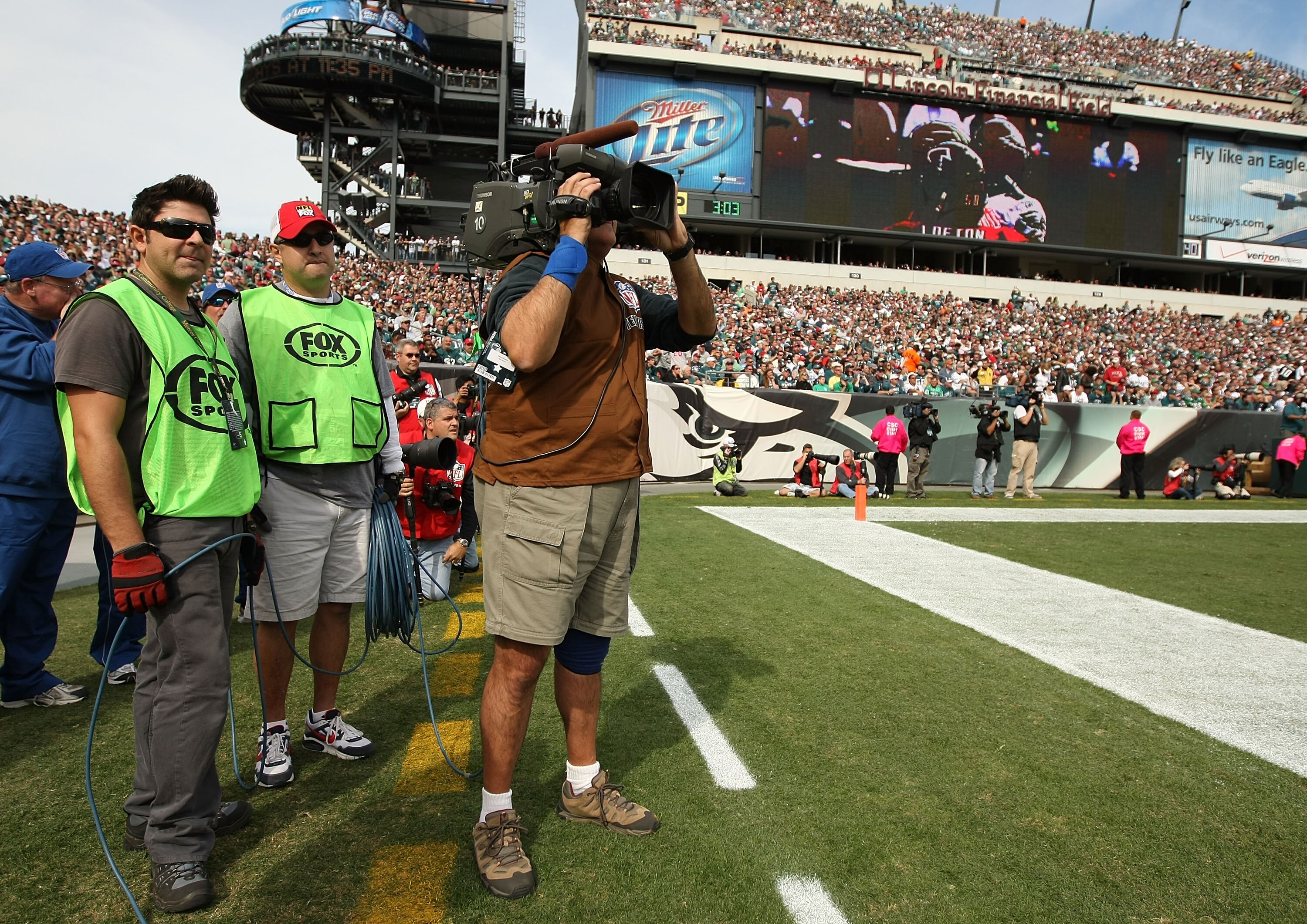 PHILADELPHIA - OCTOBER 17:  Members of the FOX broadcast crew film the game between  the Philadelphia Eagles and the Atlanta Falcons at Lincoln Financial Field on October 17, 2010 in Philadelphia, Pennsylvania. After their original contract has expired, C
