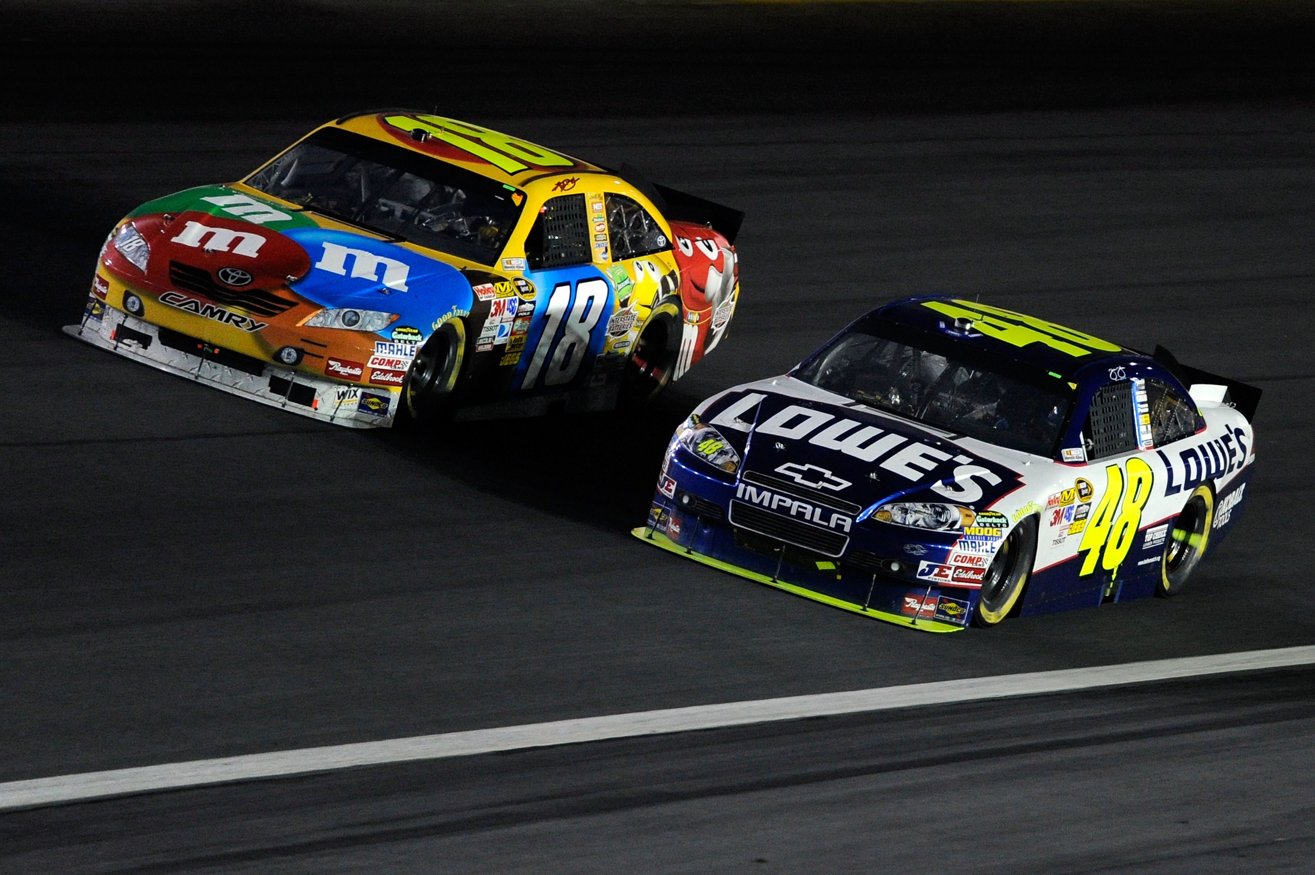 CONCORD, NC - OCTOBER 16:  Kyle Busch, driver of the #18 M&M's Toyota, races Jimmie Johnson, driver of the #48 Lowe's Chevrolet, during the NASCAR Sprint Cup Series Bank of America 500 at Charlotte Motor Speedway on October 16, 2010 in Concord, North Caro