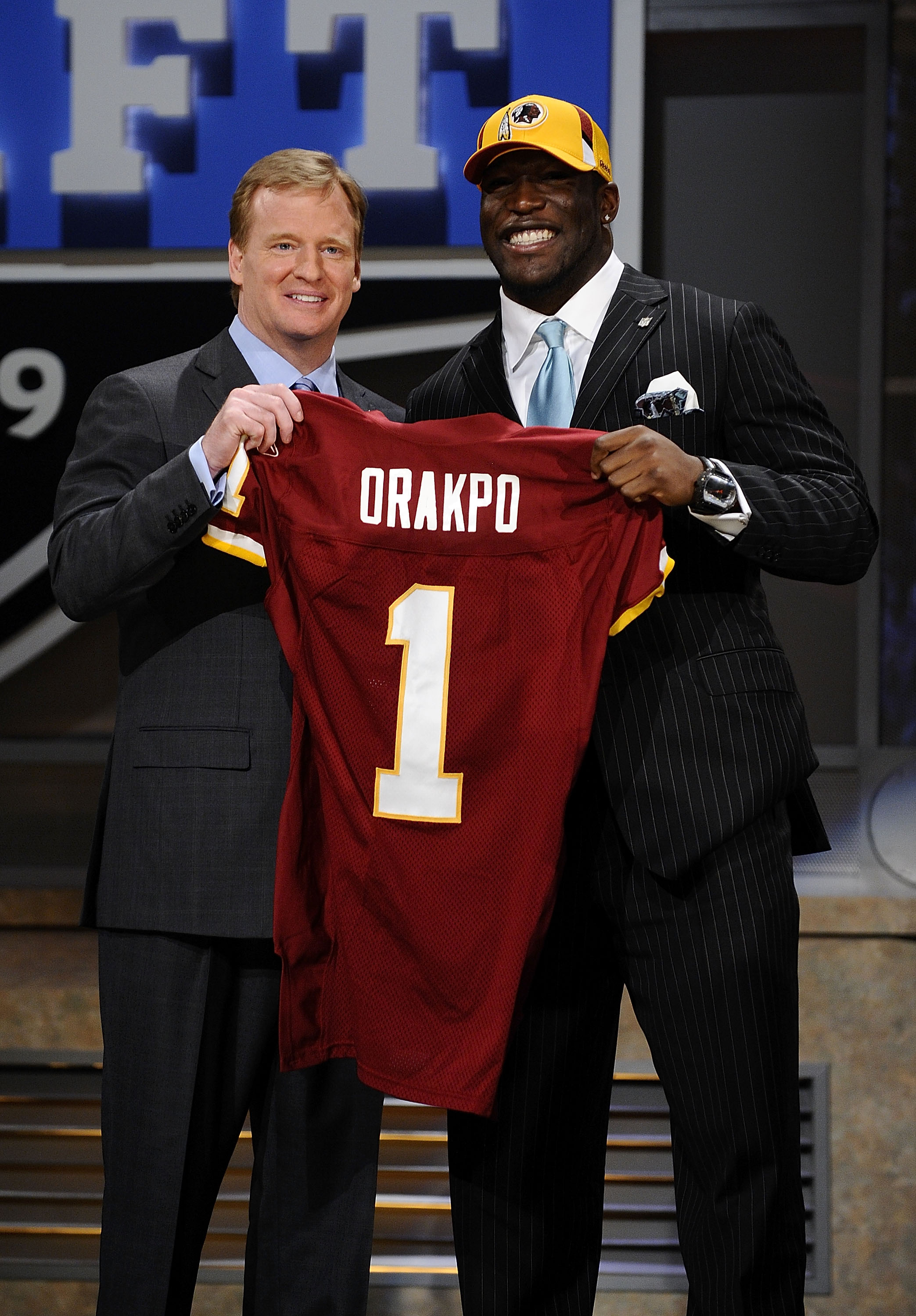 NEW YORK - APRIL 25:  NFL Commissioner Roger Goodell poses with with Washington Redskins #13 draft pick Brian Orakpo at Radio City Music Hall for the 2009 NFL Draft on April 25, 2009 in New York City  (Photo by Jeff Zelevansky/Getty Images)