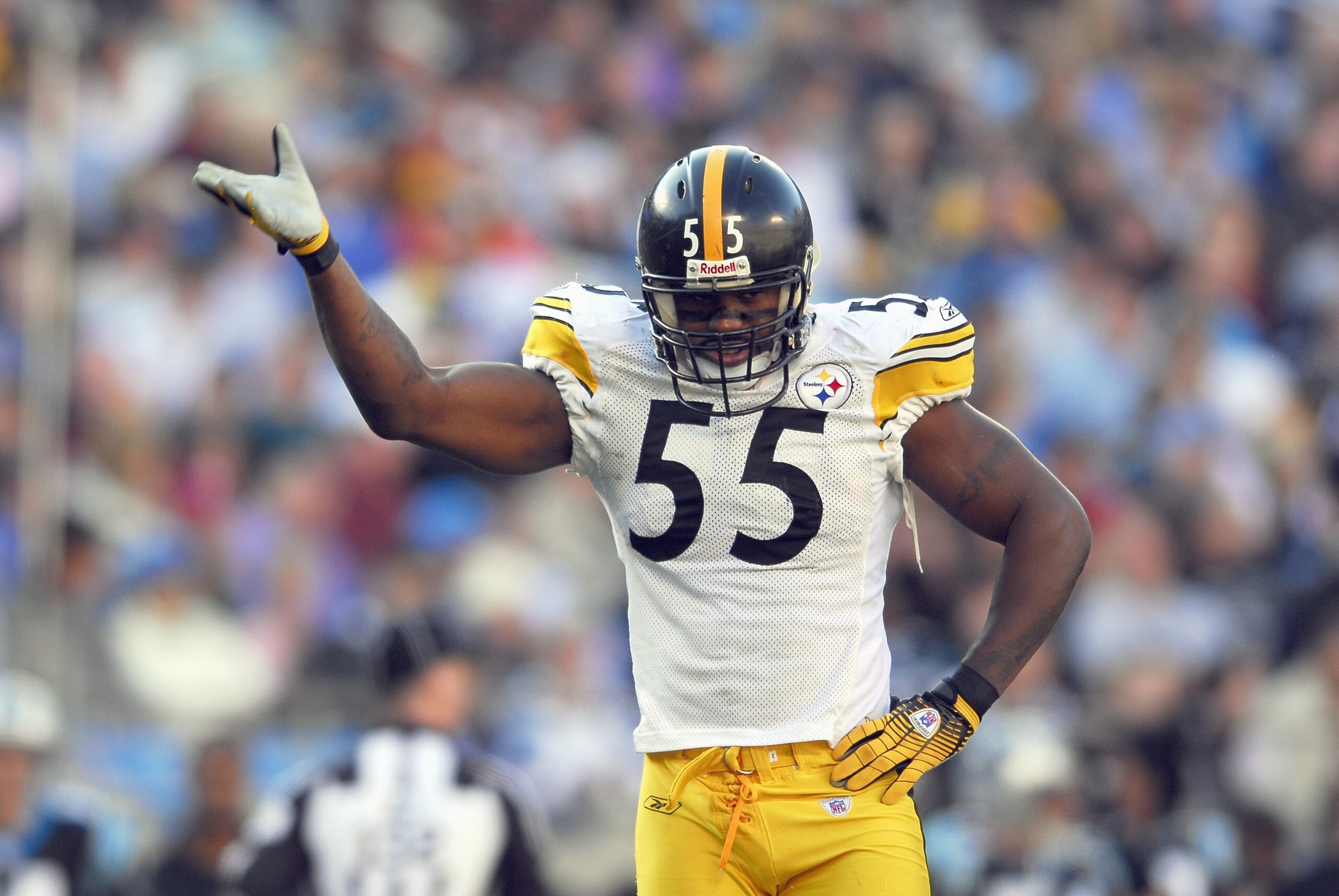 CHARLOTTE, NC - DECEMBER 17:  Joey Porter #55 of the Pittsburgh Steelers reacts during the game against the Carolina Panthers December 17, 2006 at Bank of America Stadium in Charlotte, North Carolina. Pittsburgh defeated Carolina 37-3. (Photo By Grant Hal