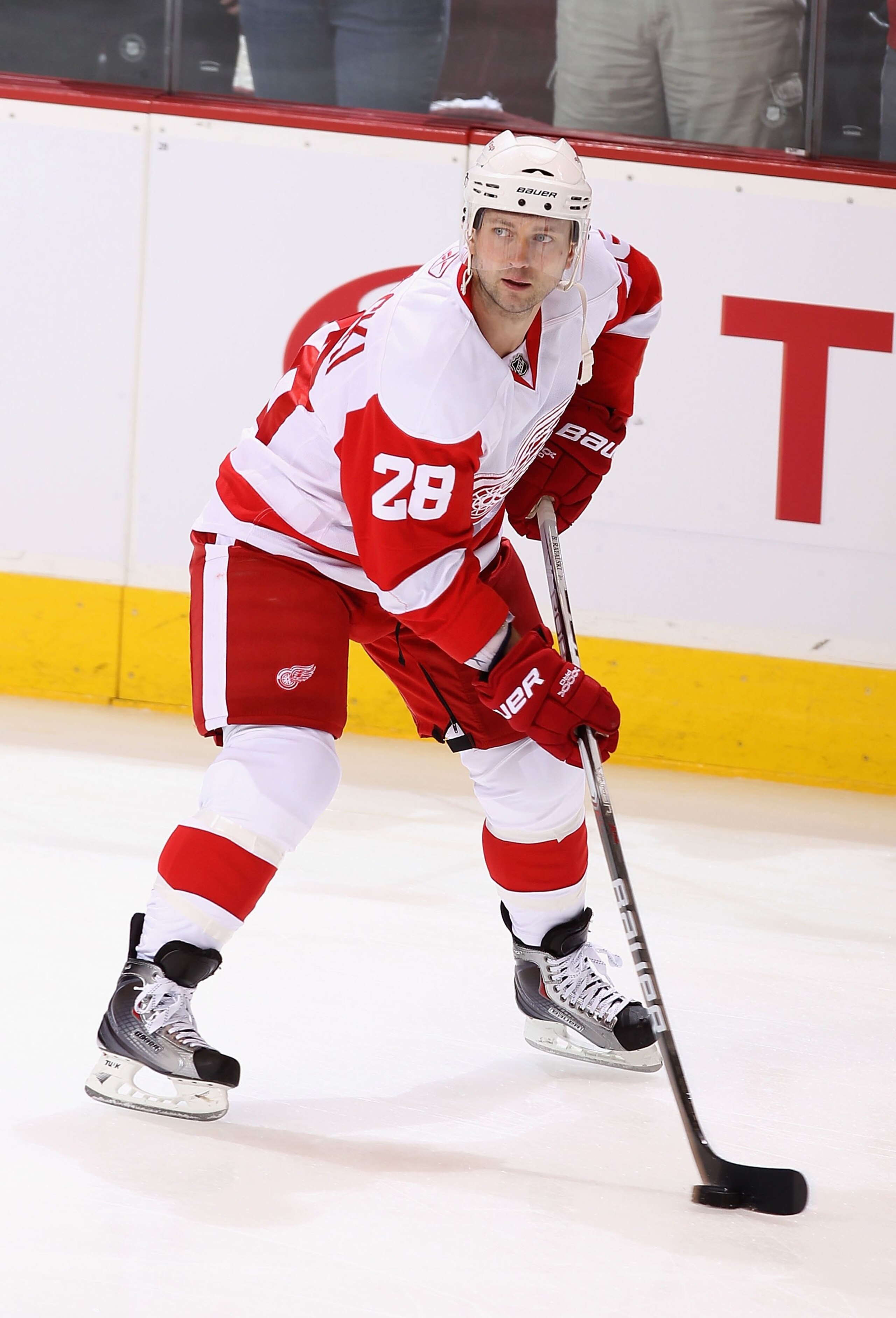 GLENDALE, AZ - APRIL 14:  Brian Rafalski #28 of the Detroit Red Wings warms up before Game One of the Western Conference Quarterfinals against the Phoenix Coyotes during the 2010 NHL Stanley Cup Playoffs at Jobing.com Arena on April 14, 2010 in Glendale,
