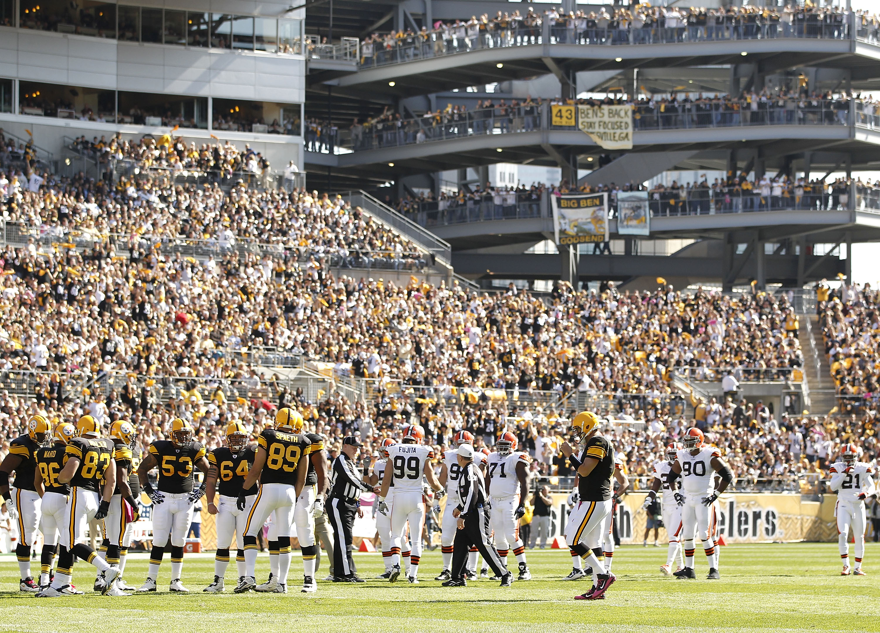 PITTSBURGH - OCTOBER 17:  Ben Roethlisberger #7 of the Pittsburgh Steelers walks to the huddle for the first time after his suspention while playing the Cleveland Browns on October 17, 2010 at Heinz Field in Pittsburgh, Pennsylvania.  (Photo by Gregory Sh