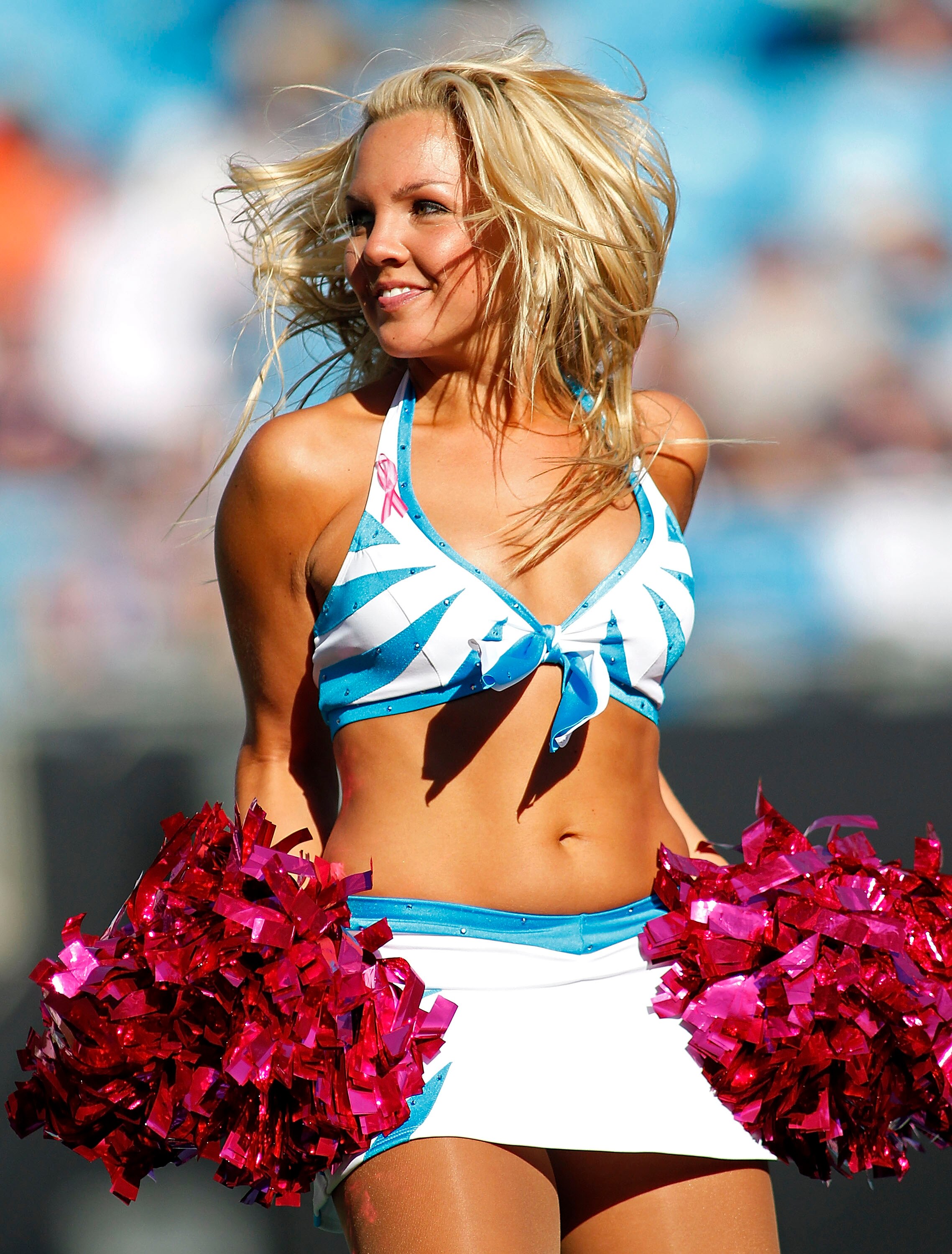 CHARLOTTE, NC - OCTOBER 10: A Carolina Panthers cheerleader performs during the Panthers game against the Chicago Bears at Bank of America Stadium on October 10, 2010 in Charlotte, North Carolina. (Photo by Geoff Burke/Getty Images)