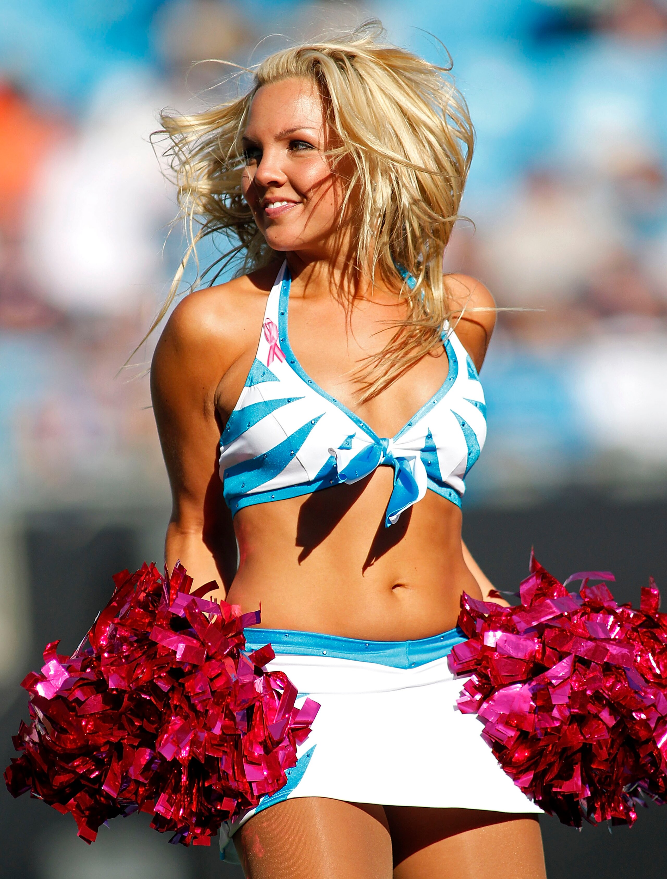CHARLOTTE, NC - OCTOBER 10: A Carolina Panthers cheerleader performs during the Panthers game against the Chicago Bears at Bank of America Stadium on October 10, 2010 in Charlotte, North Carolina. (Photo by Geoff Burke/Getty Images)