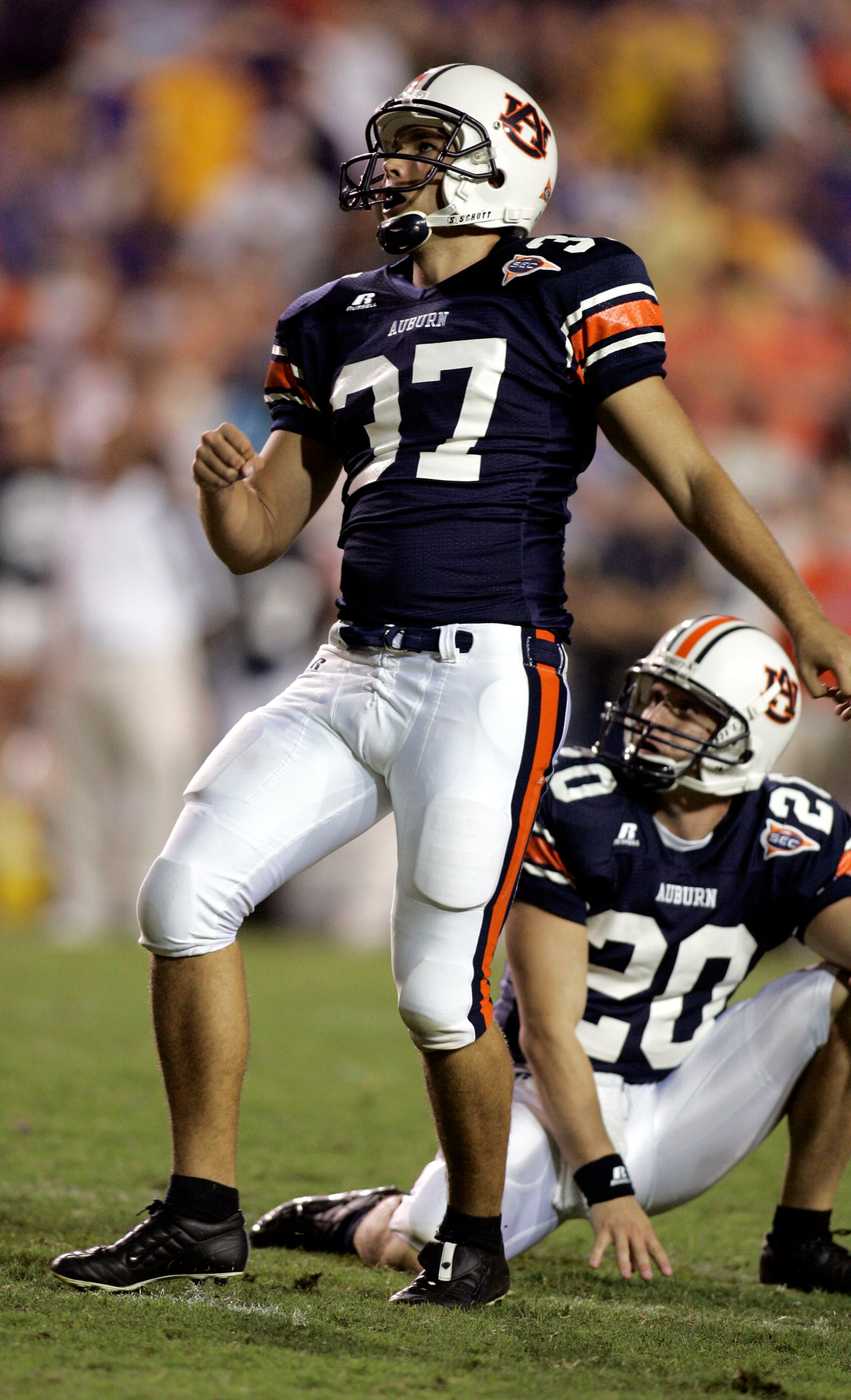 BATON ROUGE, LA - OCTOBER 22:  Kicker John Vaughn #37 of Auburn University watches his kick miss in overtime against Louisiana State University on October 22, 2005 at Tiger Stadium in Baton Rouge, Louisiana. LSU defeated Auburn 20-17 in overtime.  (Photo