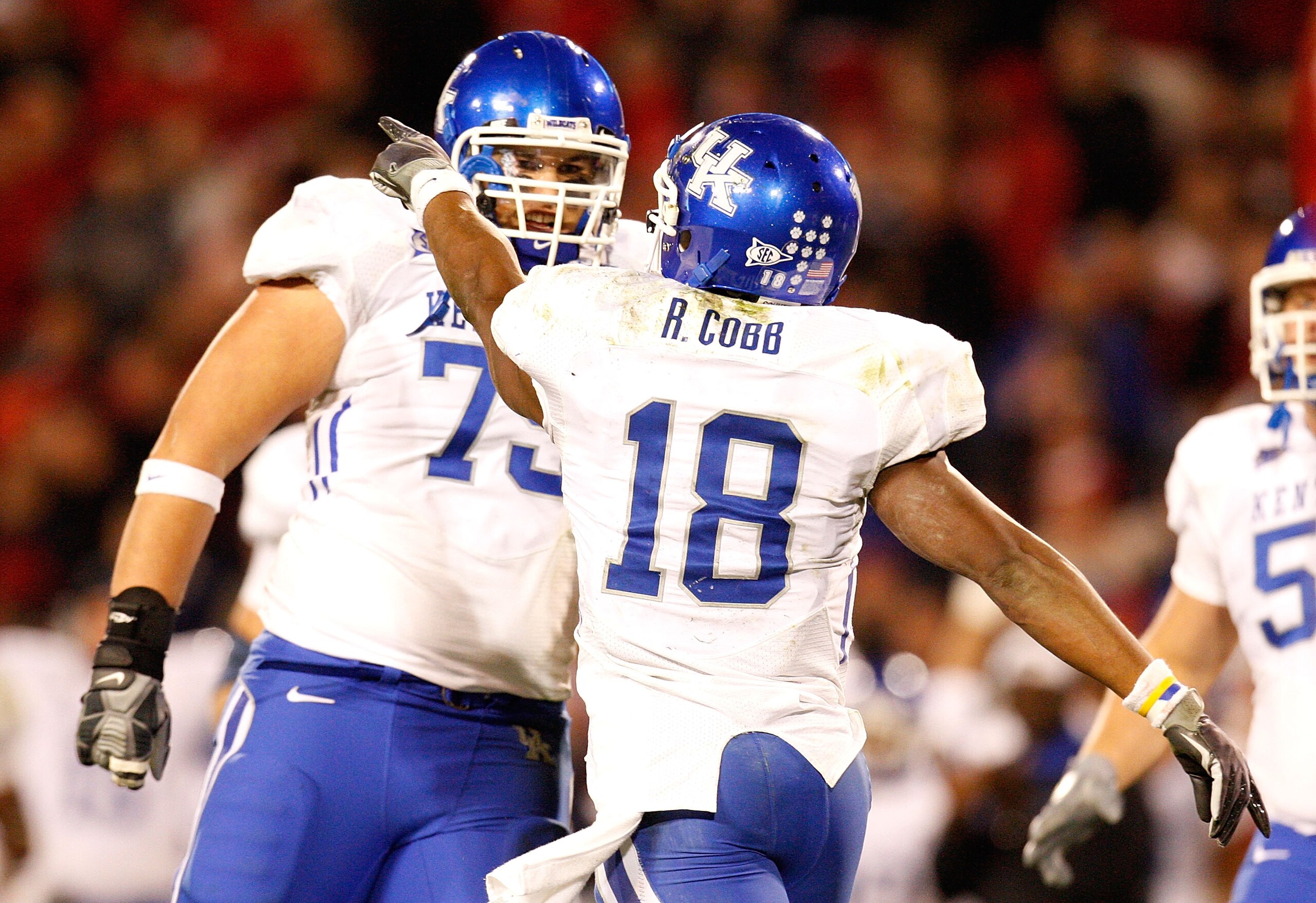 ATHENS, GA - NOVEMBER 21:  Randall Cobb #18 of the Kentucky Wildcats celebrates his touchdown against the Georgia Bulldogs with Brad Durham #75 at Sanford Stadium on November 21, 2009 in Athens, Georgia.  (Photo by Kevin C. Cox/Getty Images)